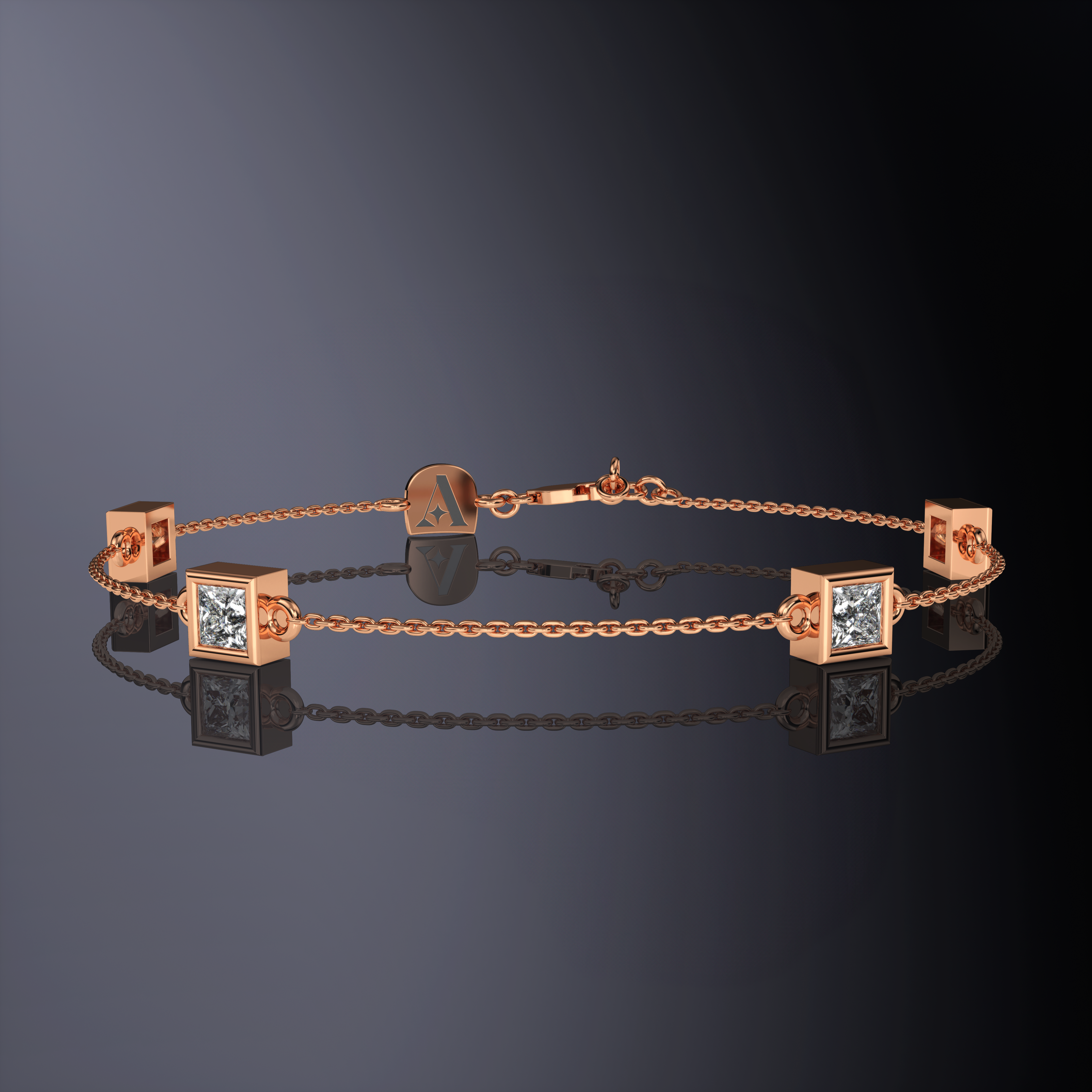 Princess Cut Four Stone Chain Bracelet White Gold