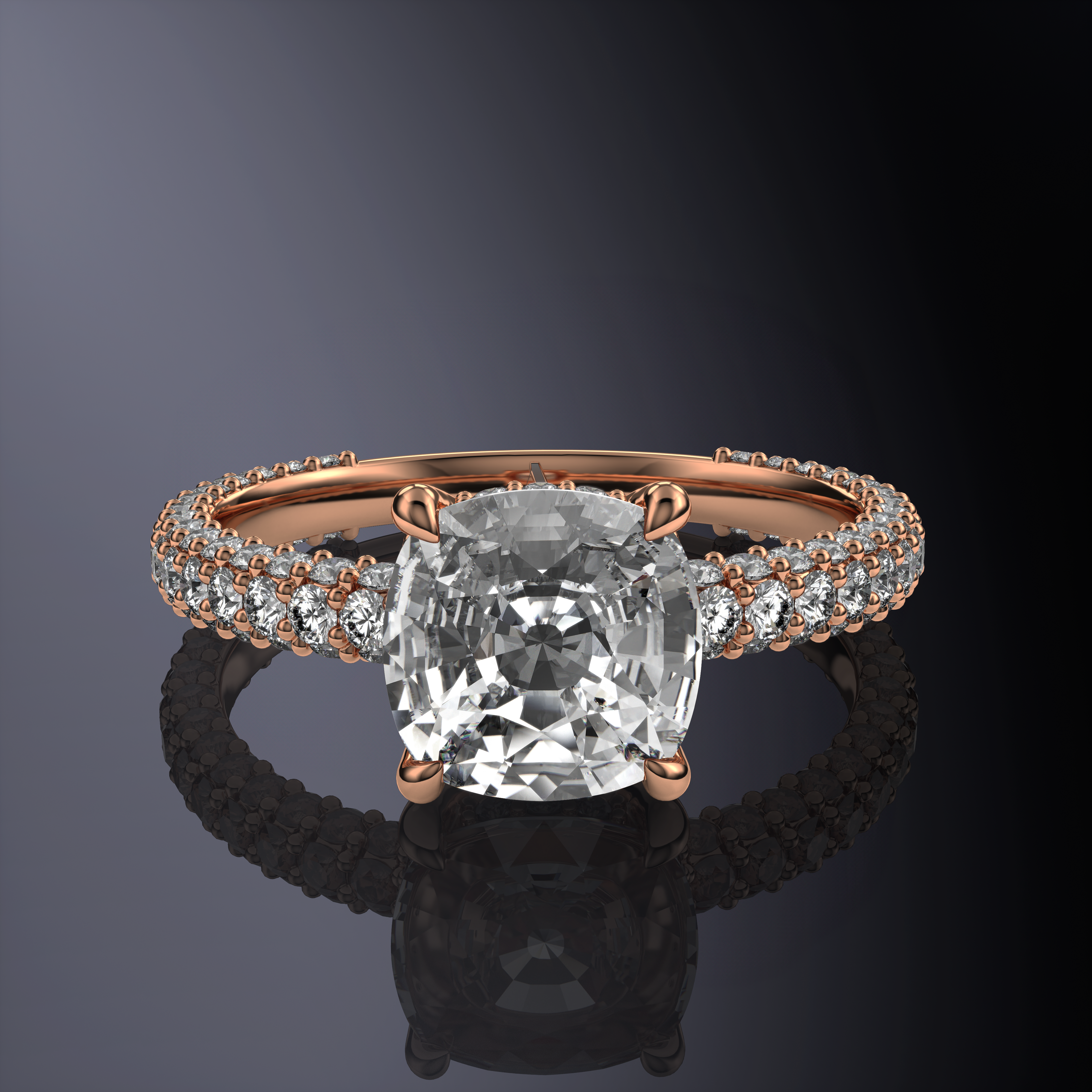 Cushion hidden halo 3 row pave shank White