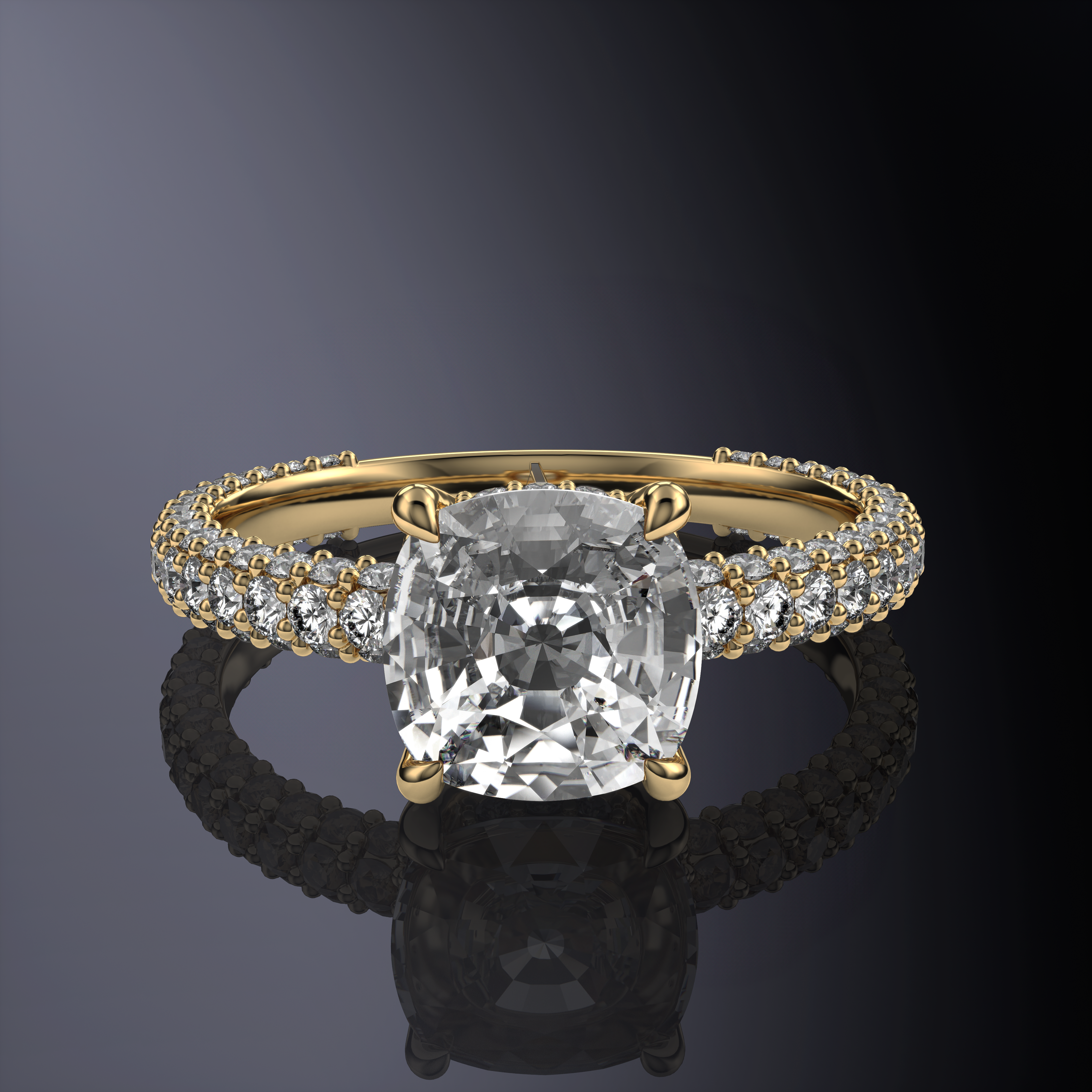 Cushion hidden halo 3 row pave shank White