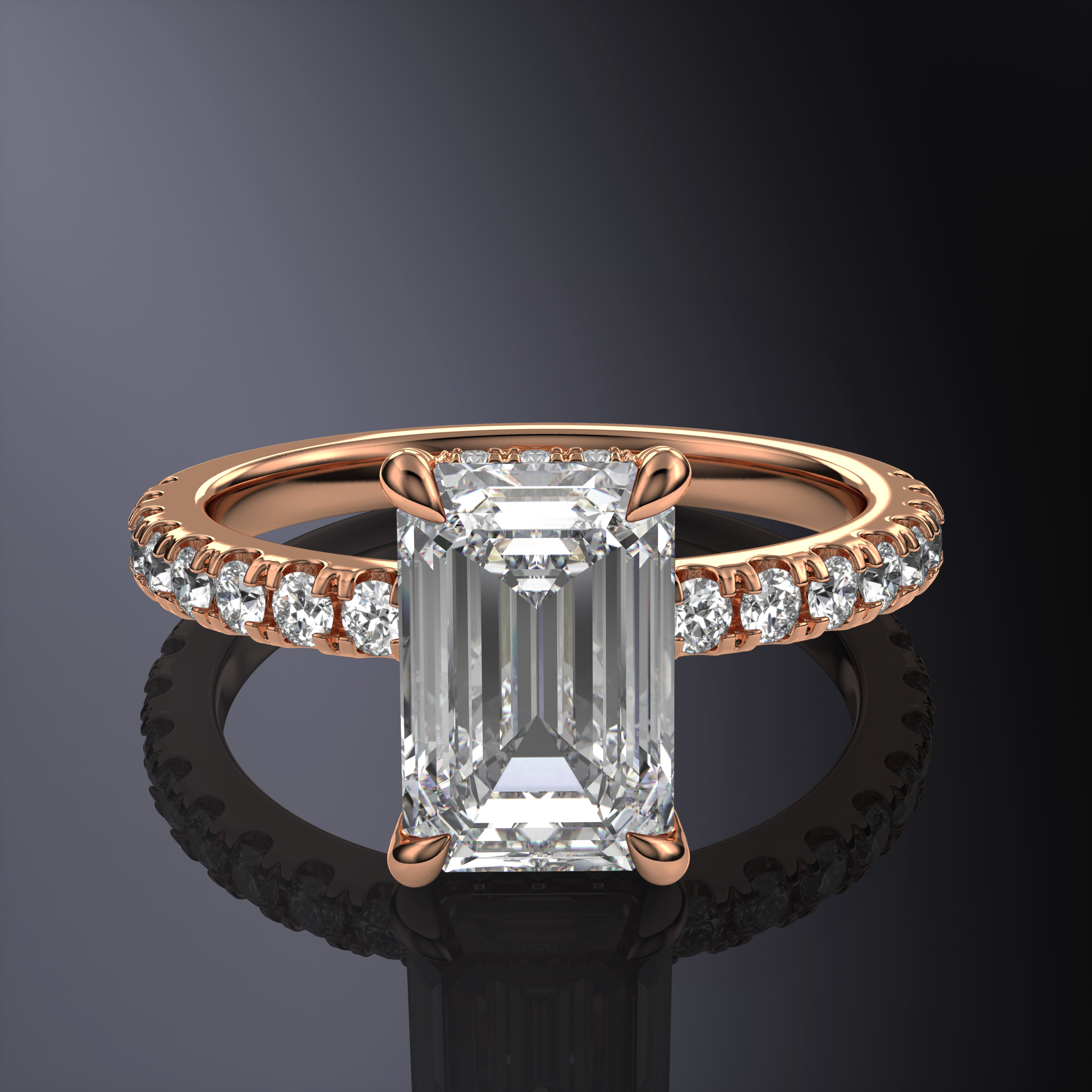 Emerald Hidden Halo White Ring with Pavé Band