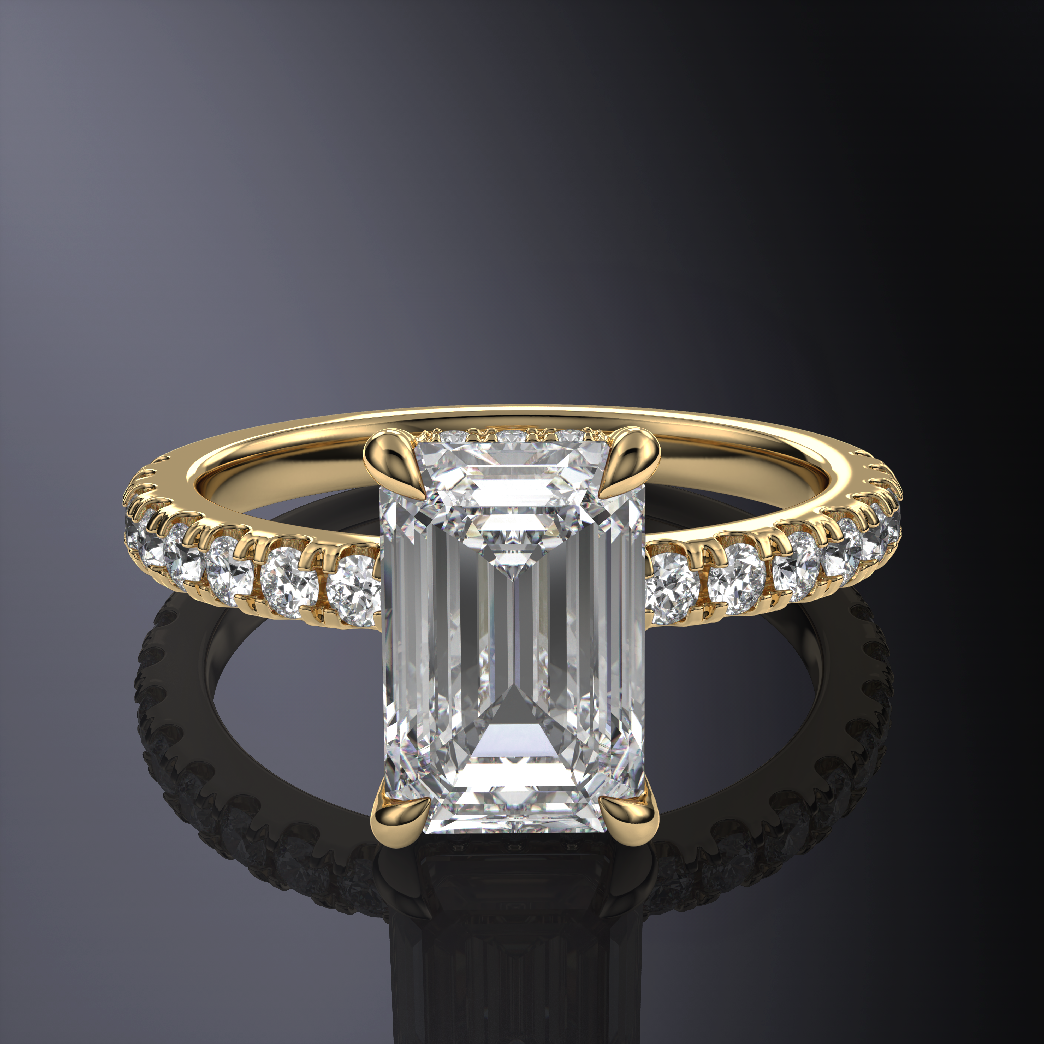 Emerald Hidden Halo White Ring with Pavé Band