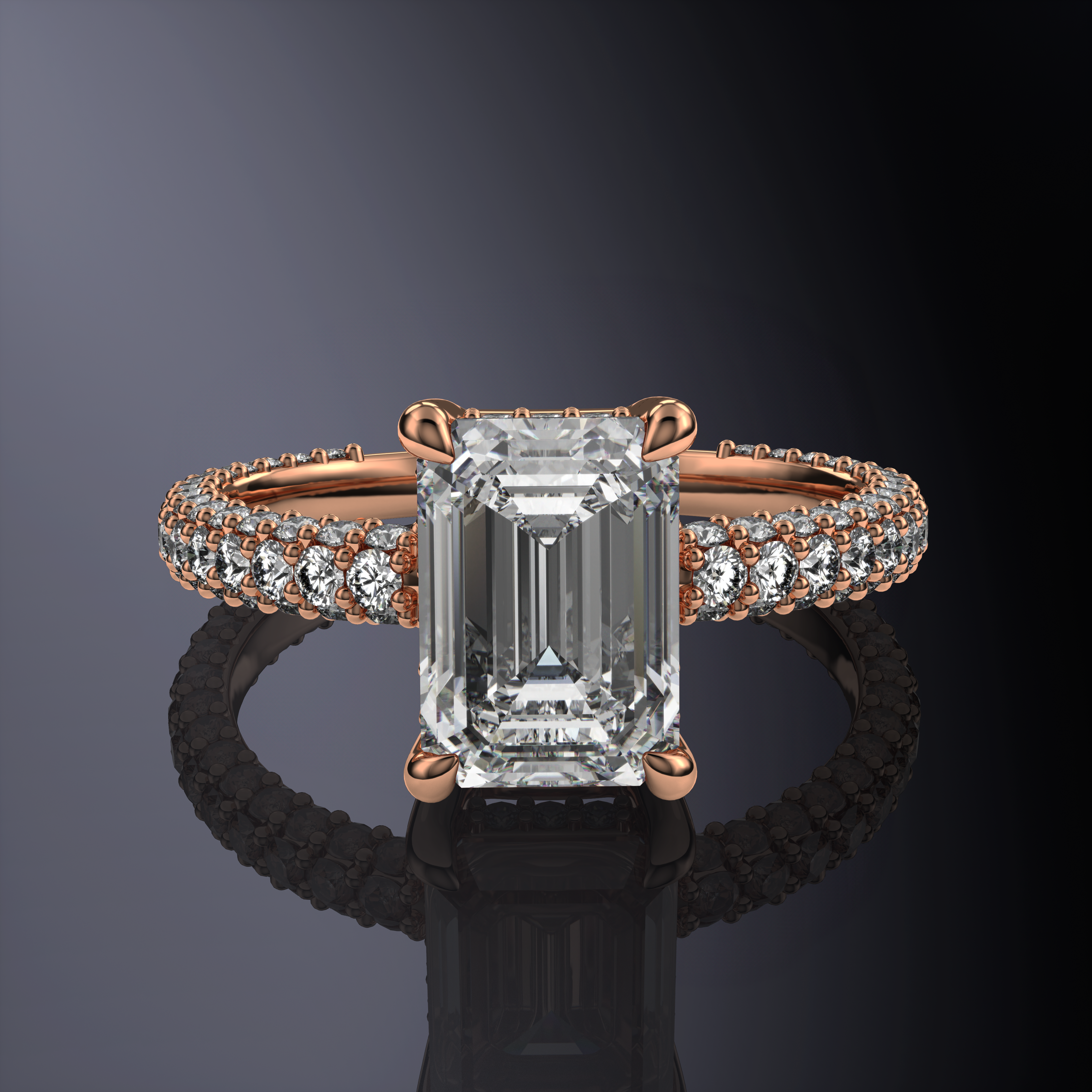 Emerald Solitaire White Engagement Ring with Hidden Halo and 3 Row Shank
