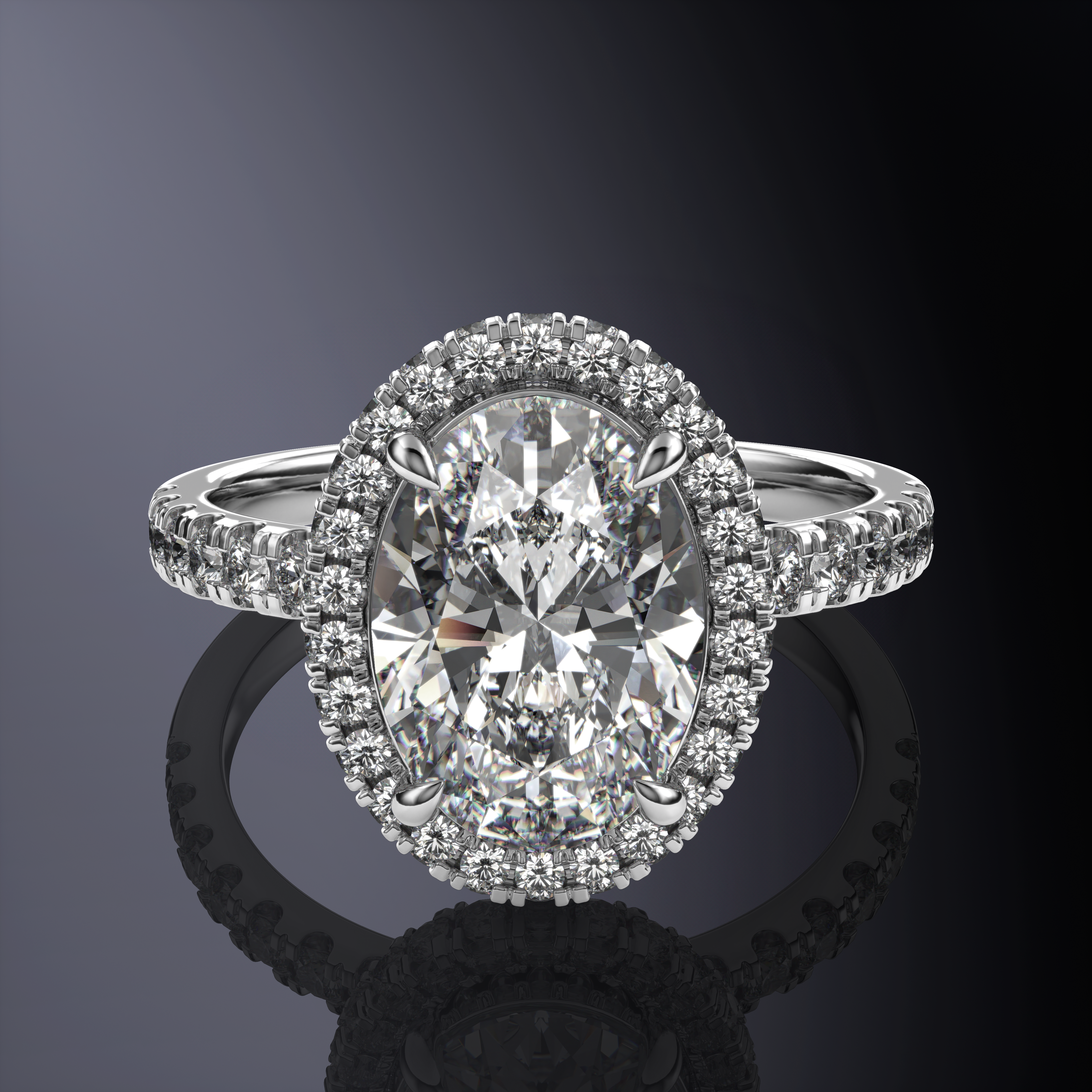 Oval Halo White Ring with Hidden Halo and Pavé Band