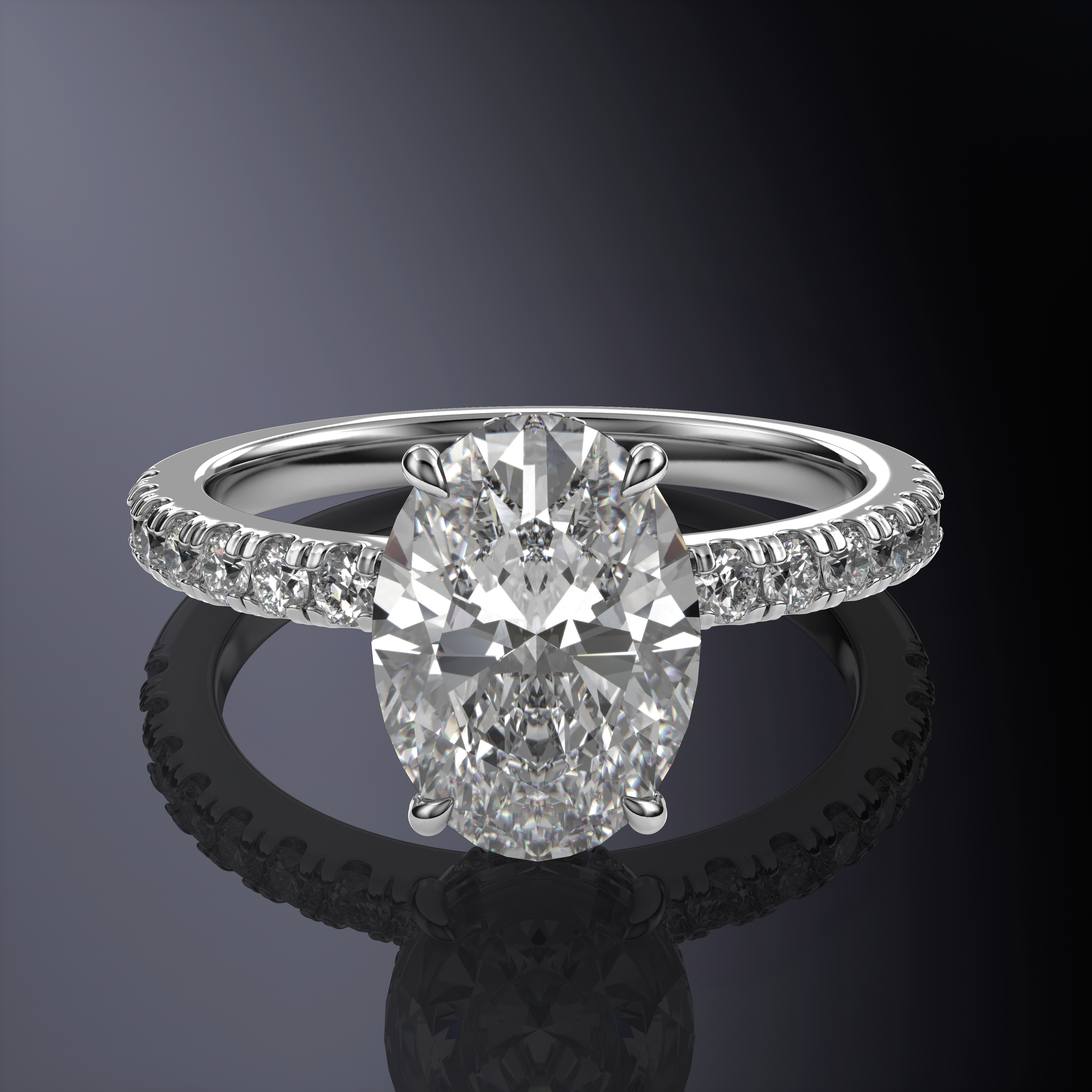Oval Hidden Halo White Ring with pave on band