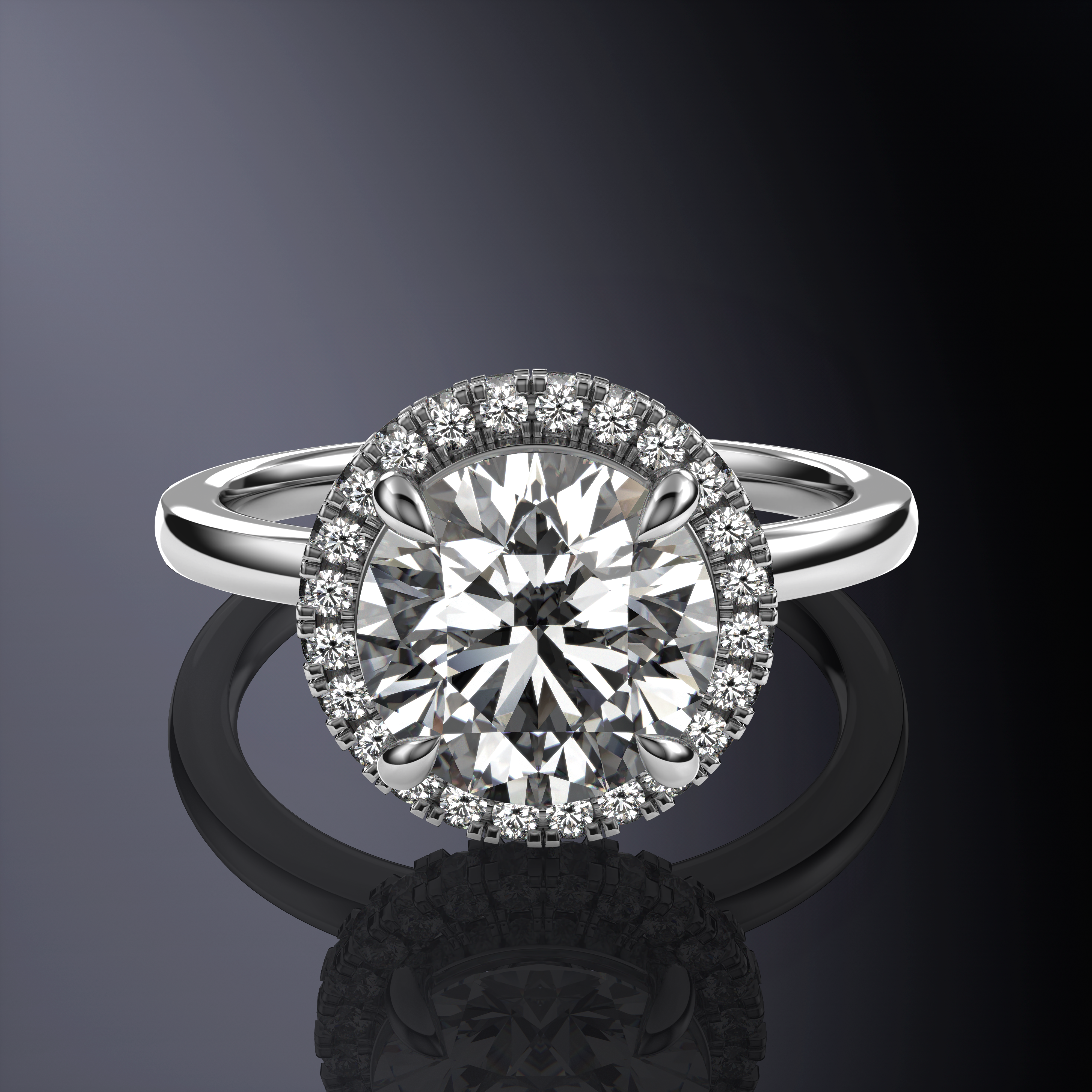 Round Solitaire Halo White Ring with Hidden Halo