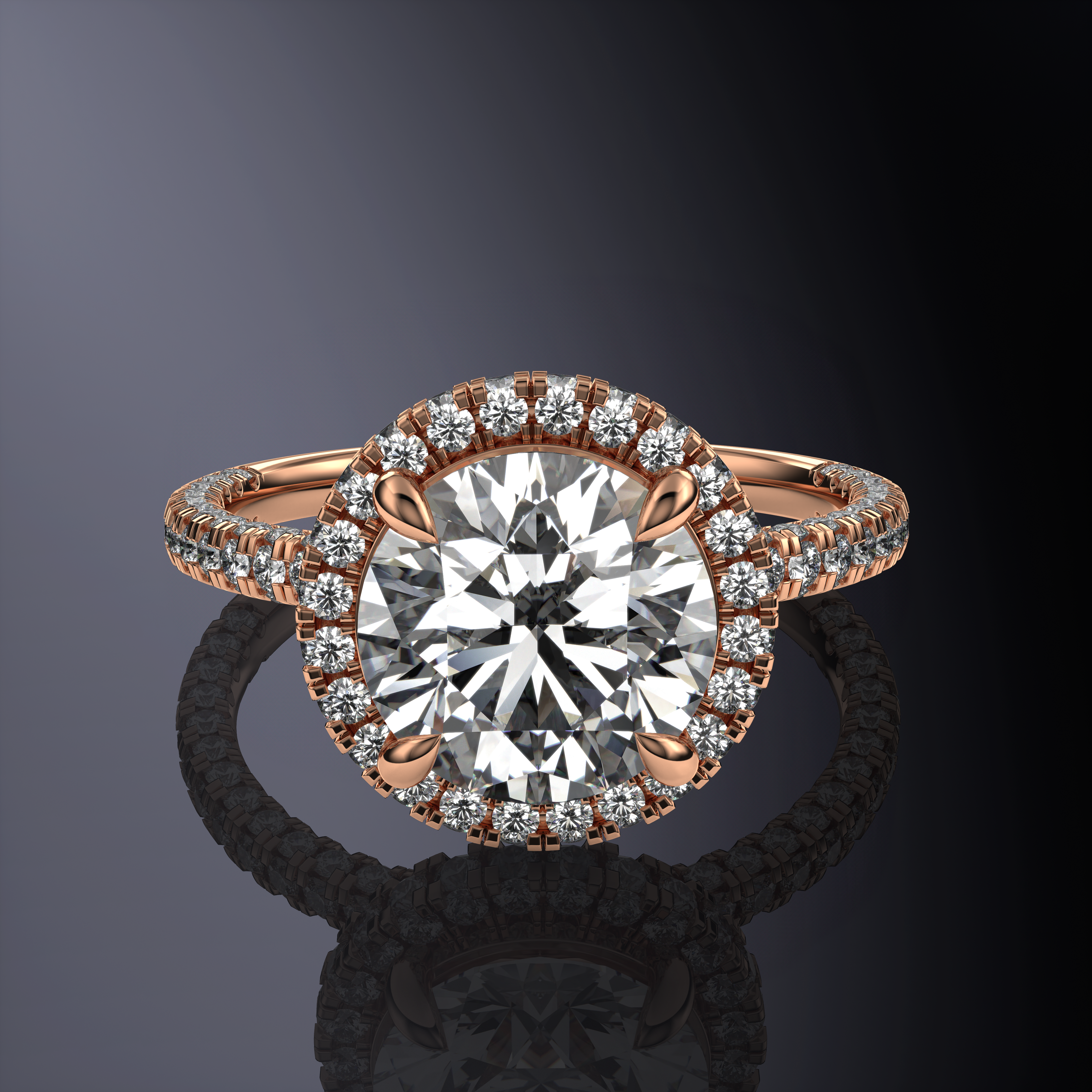 Round Solitaire Halo White Ring with Hidden Halo with Three-Sided Pavé