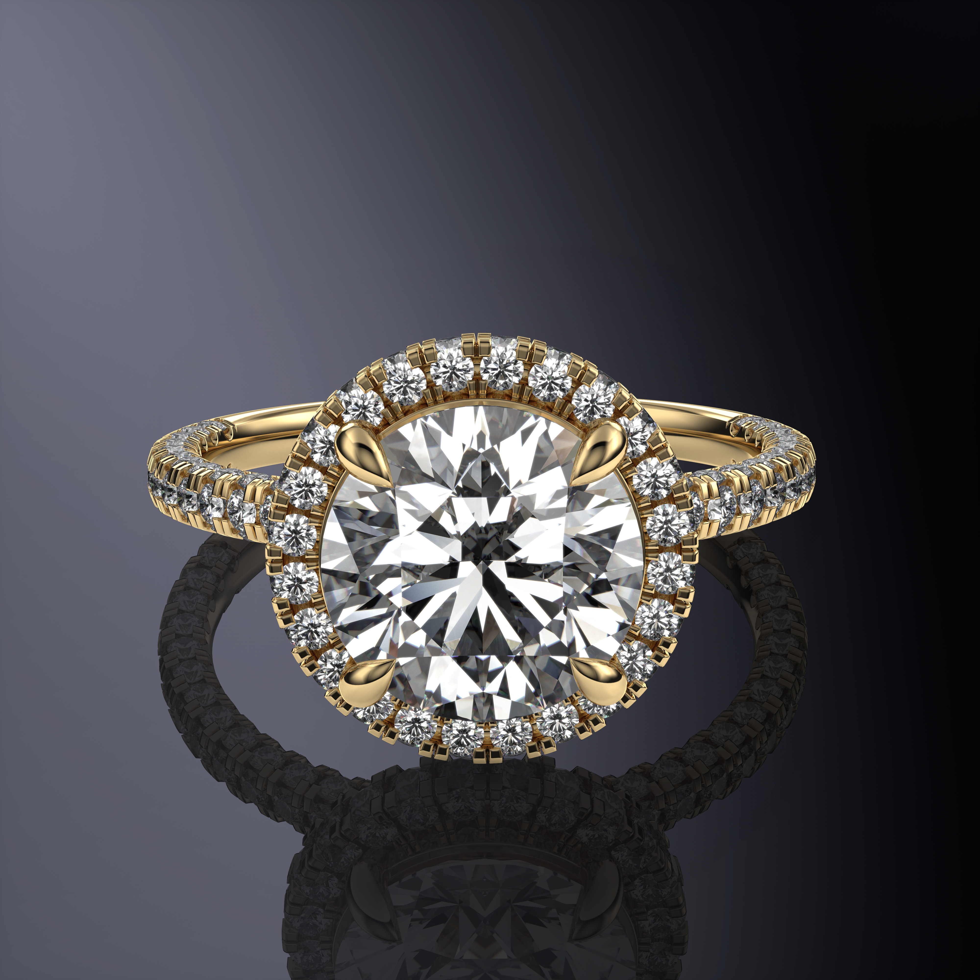 Round Solitaire Halo White Ring with Hidden Halo with Three-Sided Pavé