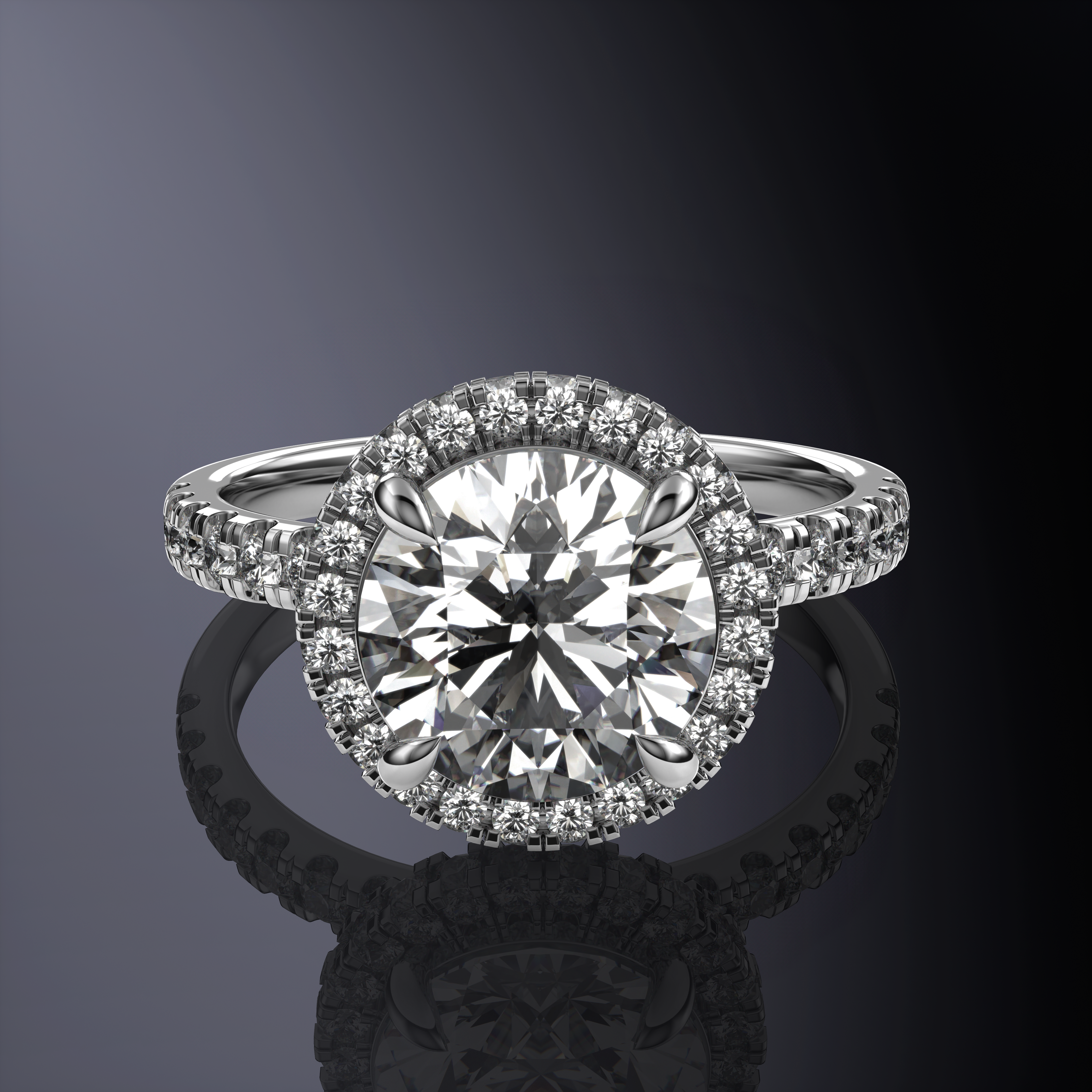 Round Solitaire Halo White Ring with hidden halo with 1 row pave