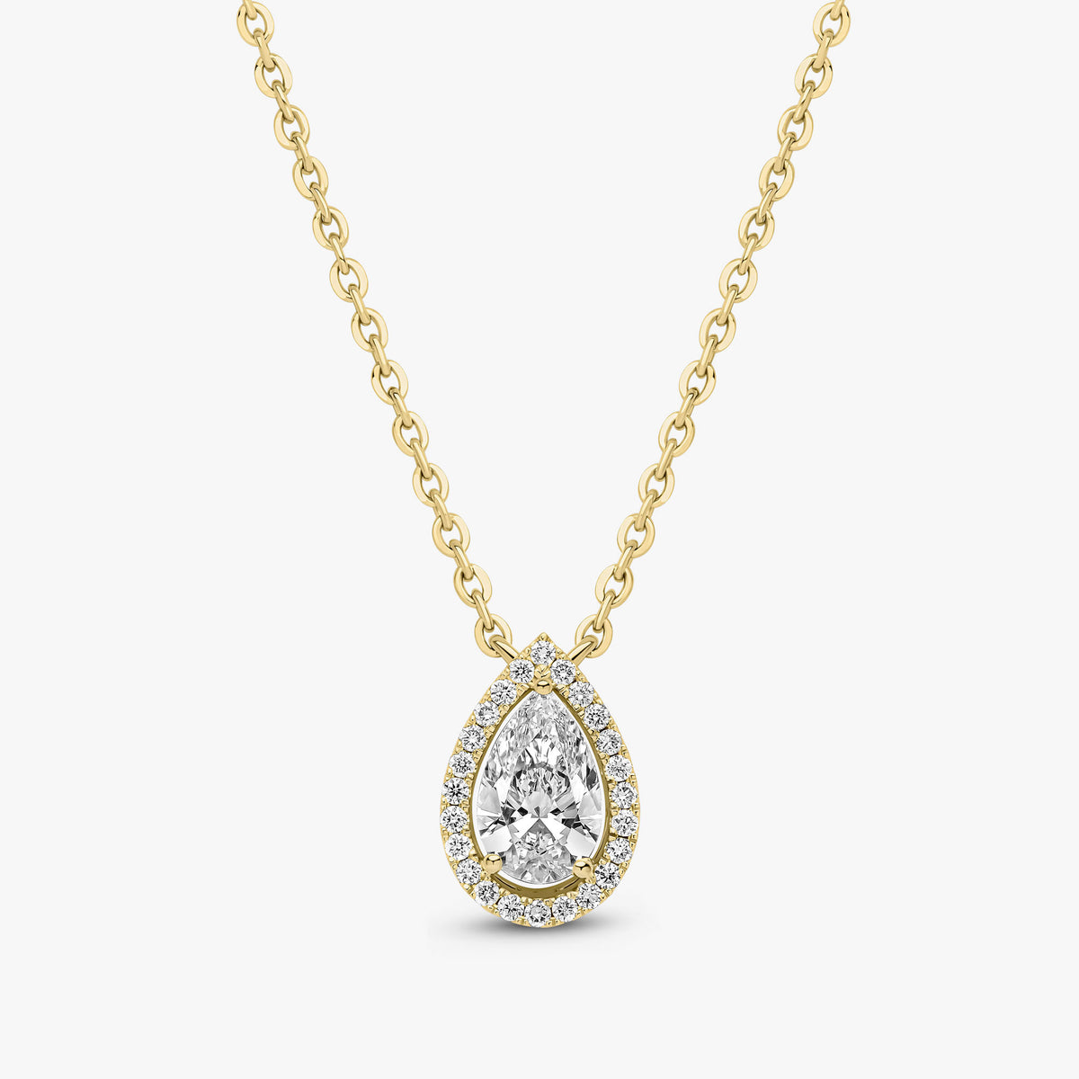 Pear Cut Halo Pendant Yellow Gold 16