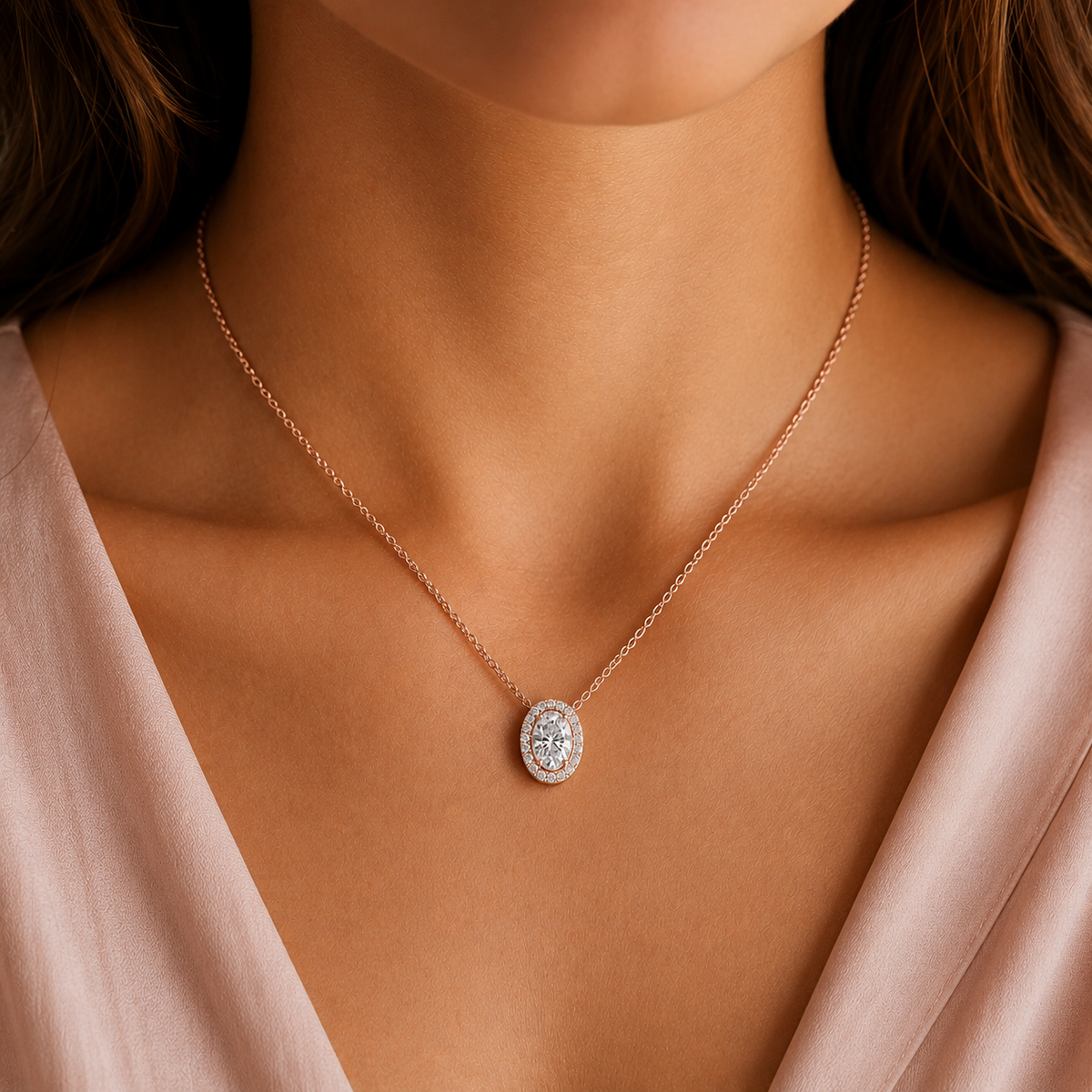 Oval Cut Halo Pendant Rose Gold 1