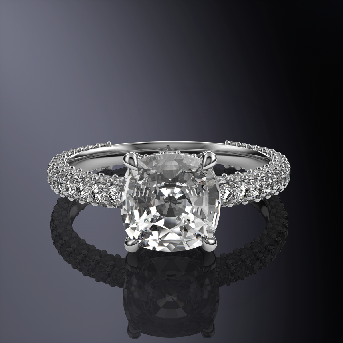 Cushion Solitaire Engagement White Ring with Hidden Halo and 3 Row Shank