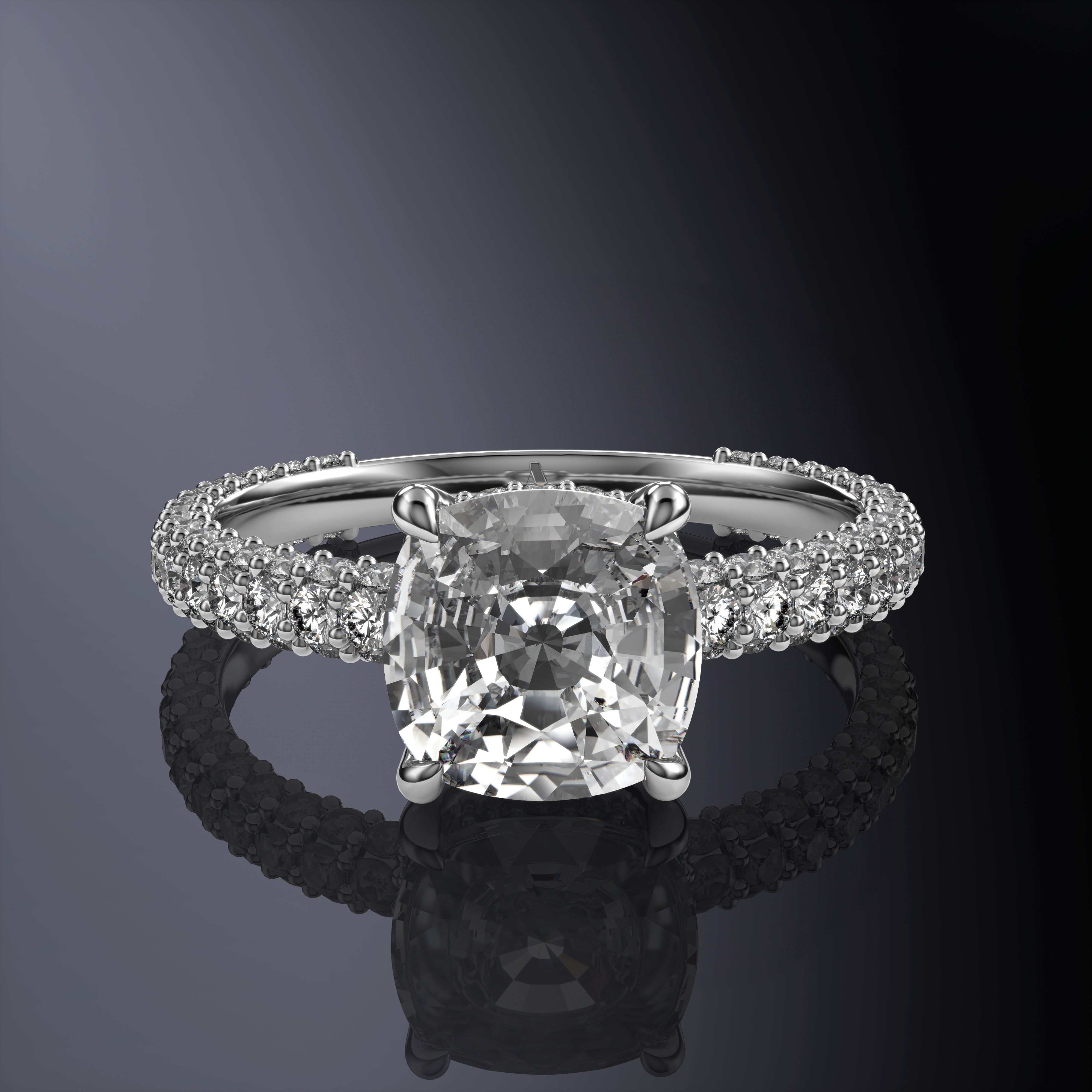Cushion hidden halo 3 row pave shank White