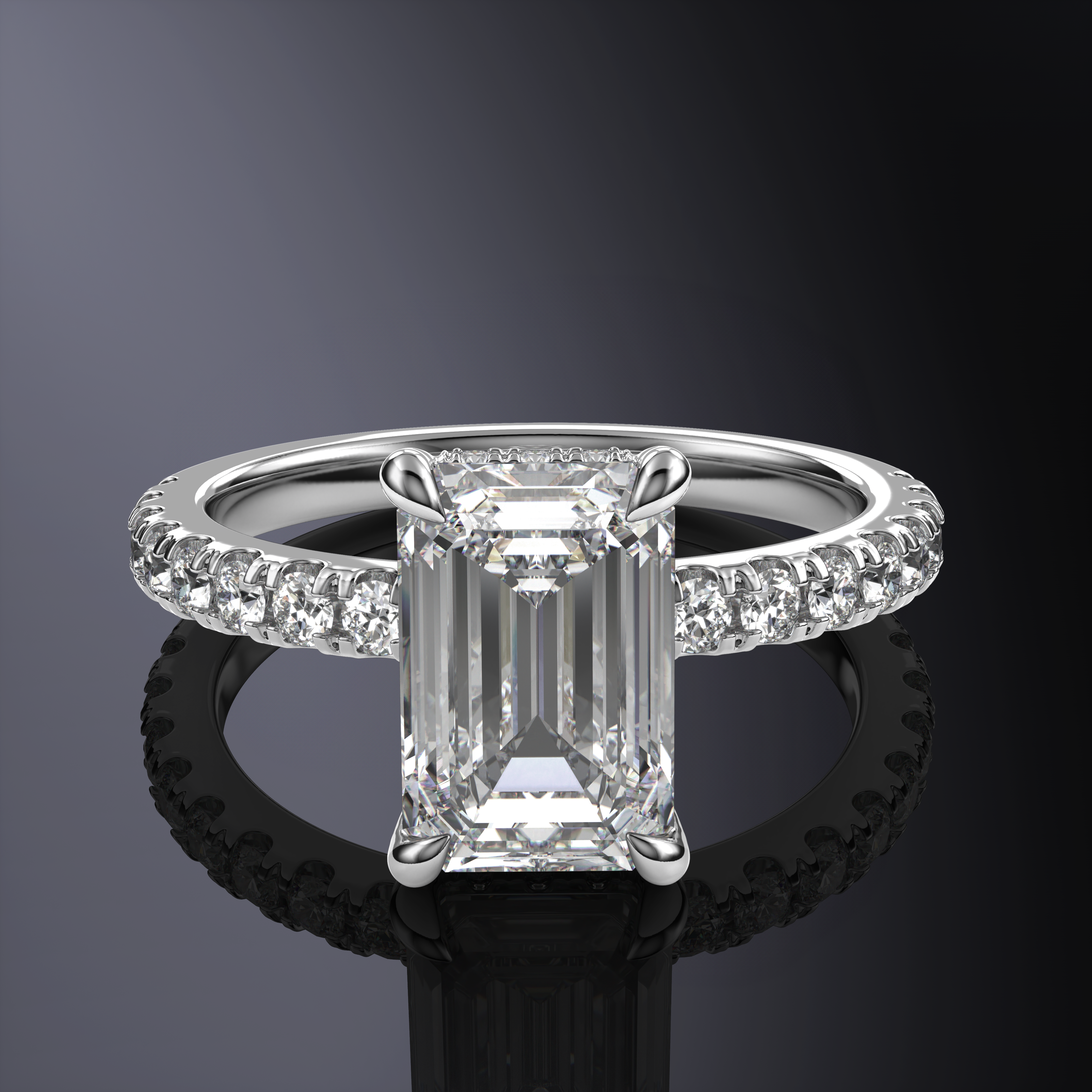 Emerald Hidden Halo White Ring with Pavé Band