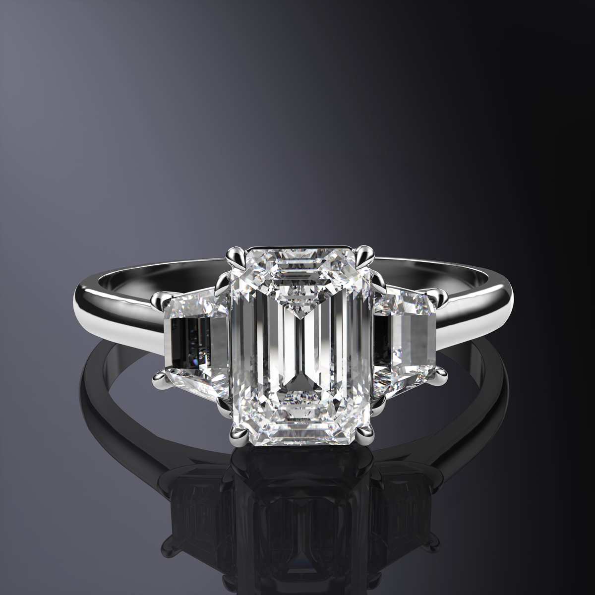 Emerald White Ring with side Brilliant Trapezoids