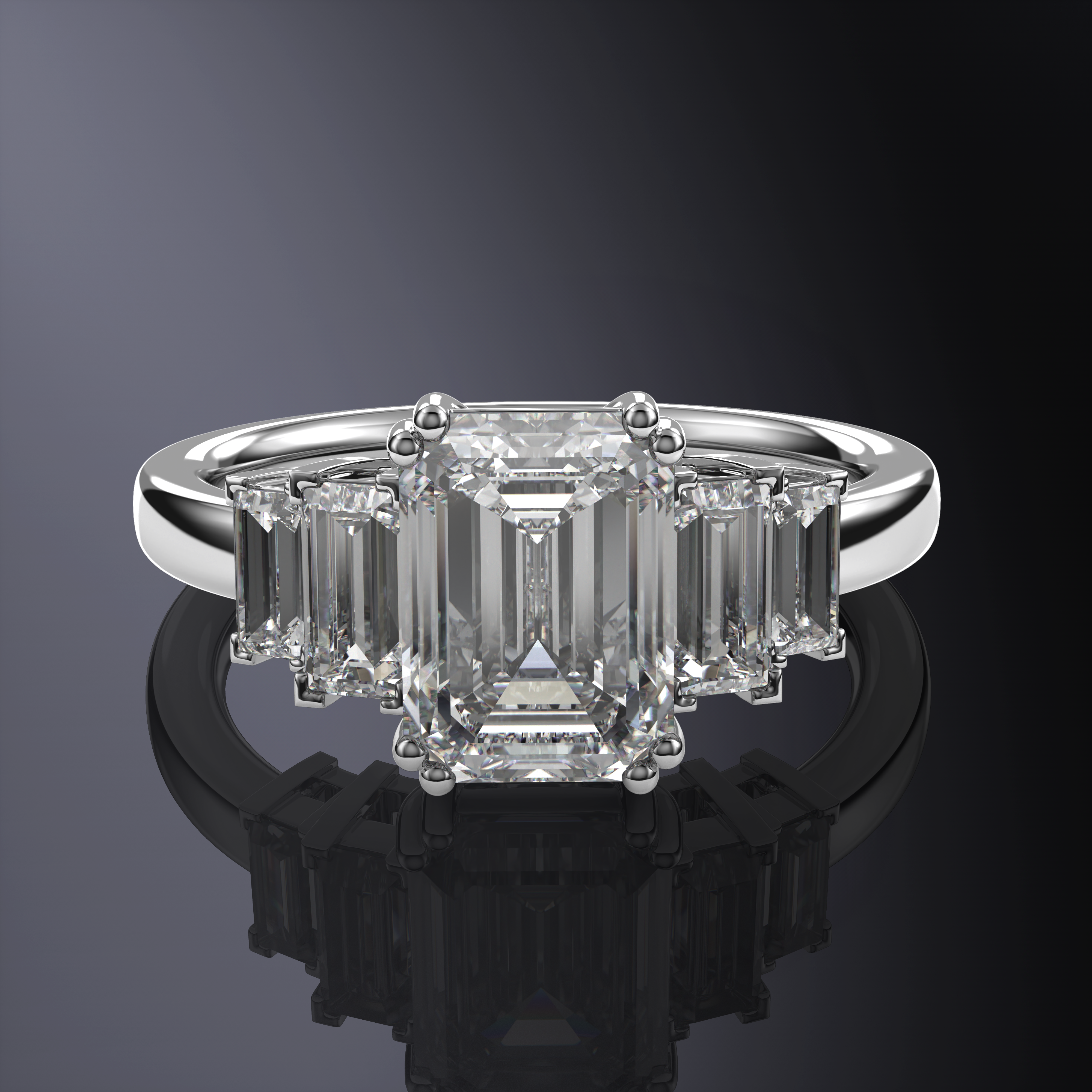 Emerald White Ring with side straight Baguettes
