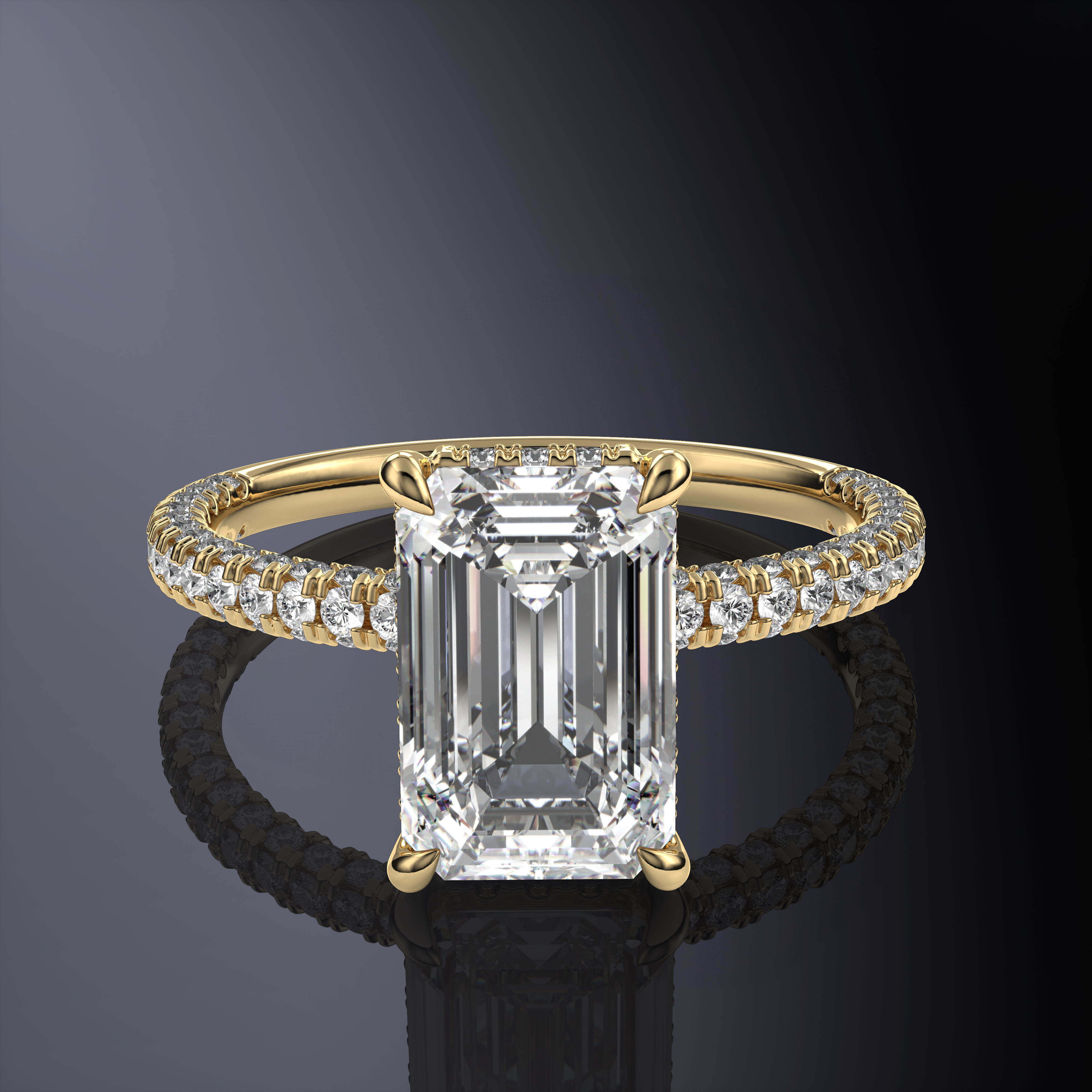 Emerald hidden halo 3 row pave shank white