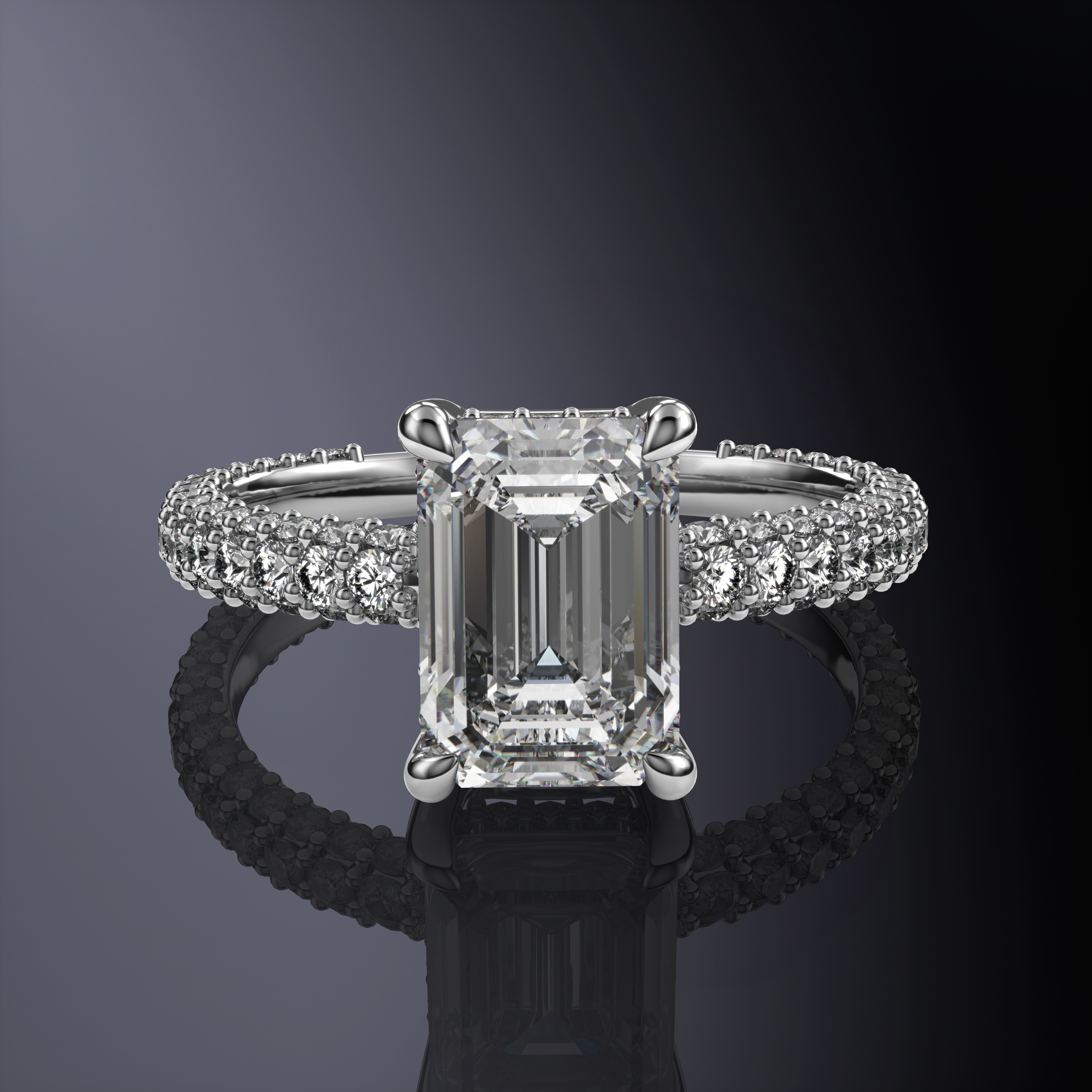 Emerald Solitaire White Engagement Ring with Hidden Halo and 3 Row Shank