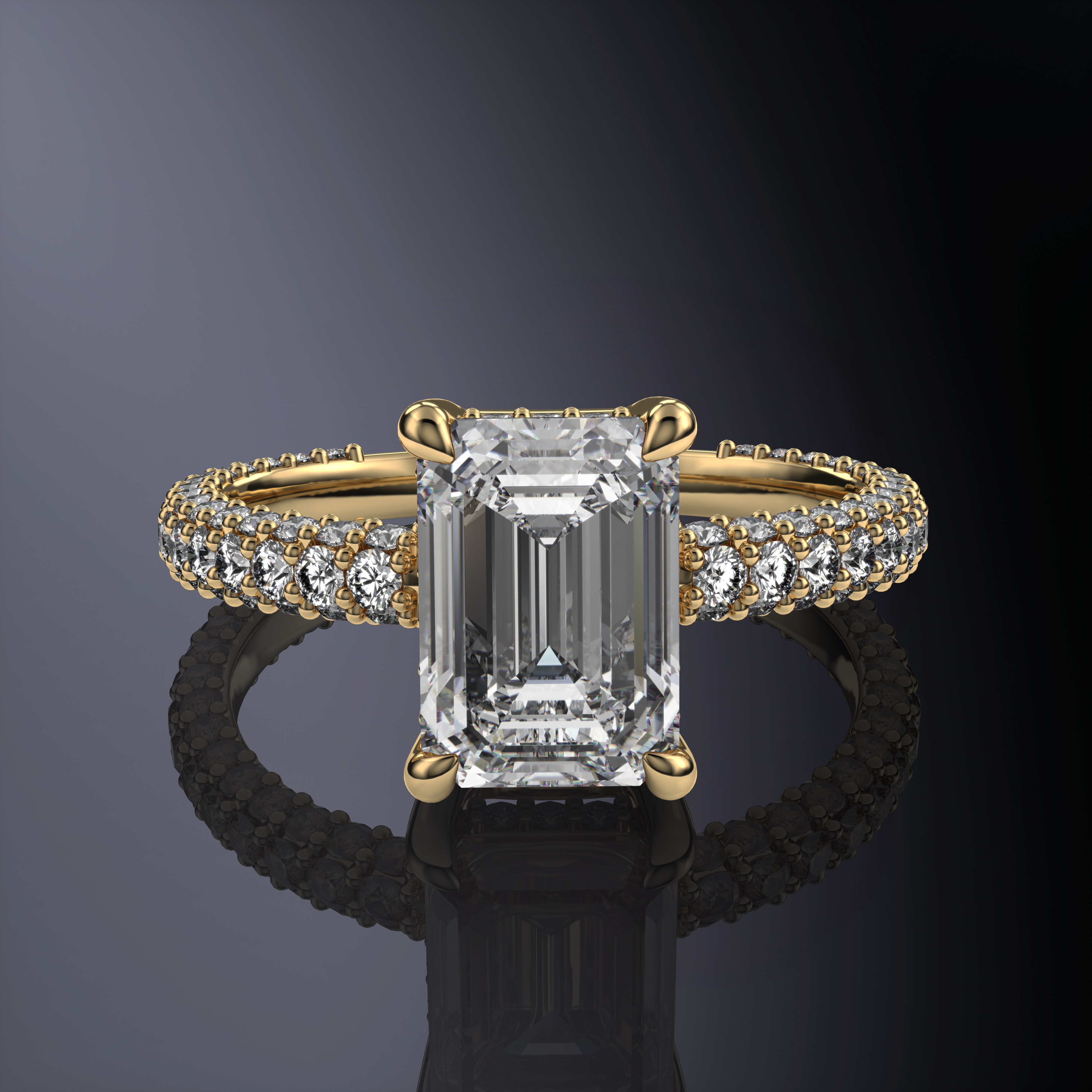 Emerald Solitaire White Engagement Ring with Hidden Halo and 3 Row Shank