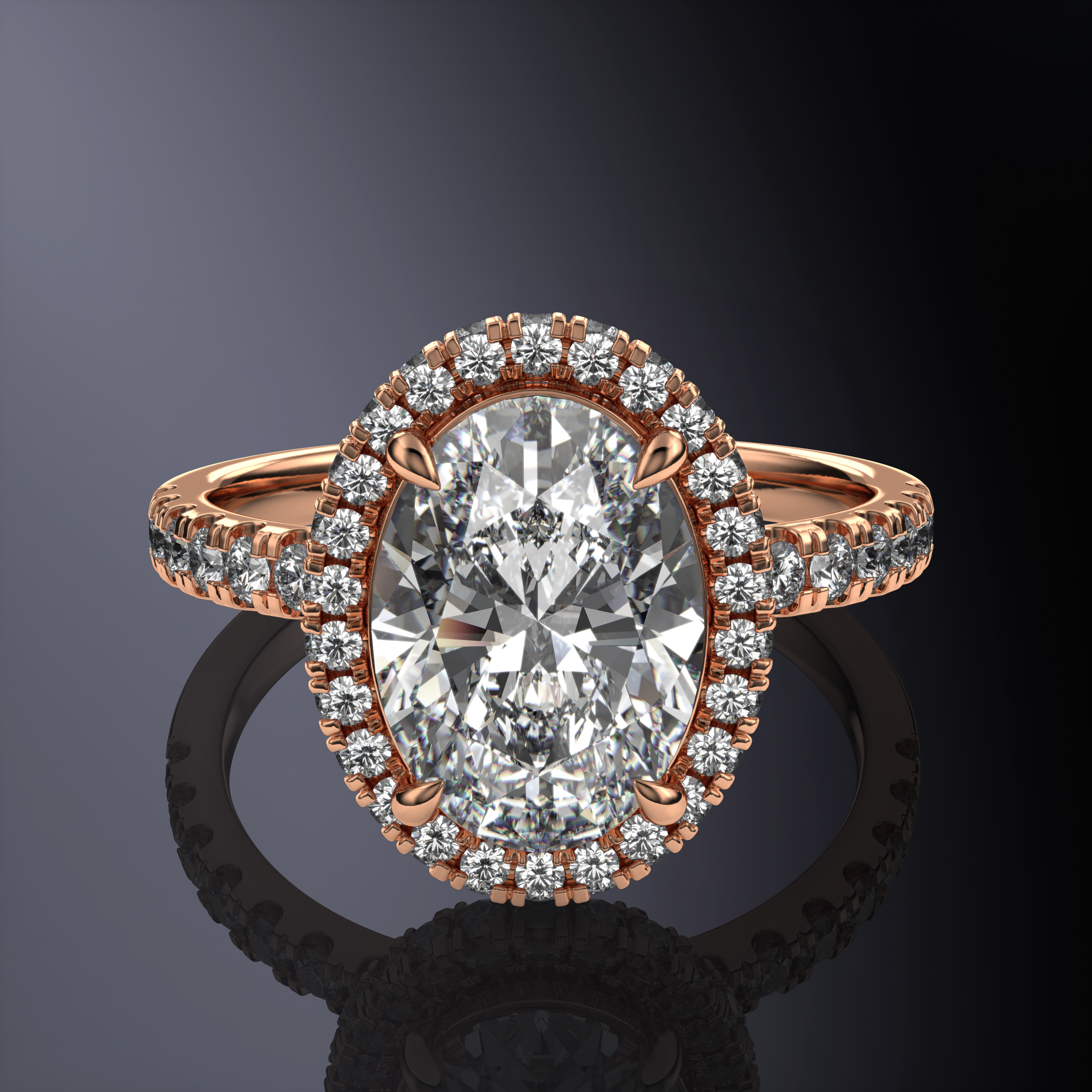 Oval Halo White Ring with Hidden Halo and Pavé Band