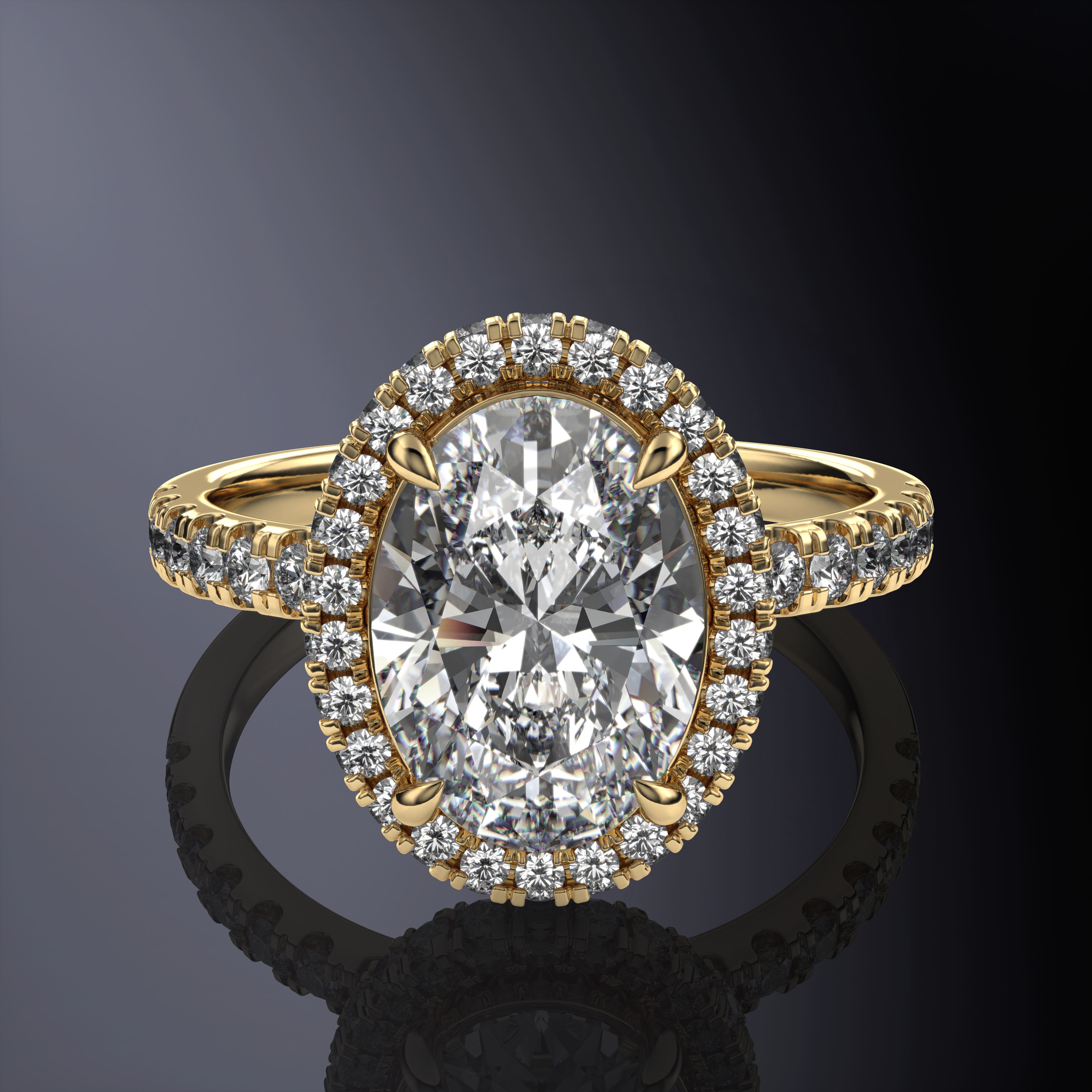 Oval Halo White Ring with Hidden Halo and Pavé Band