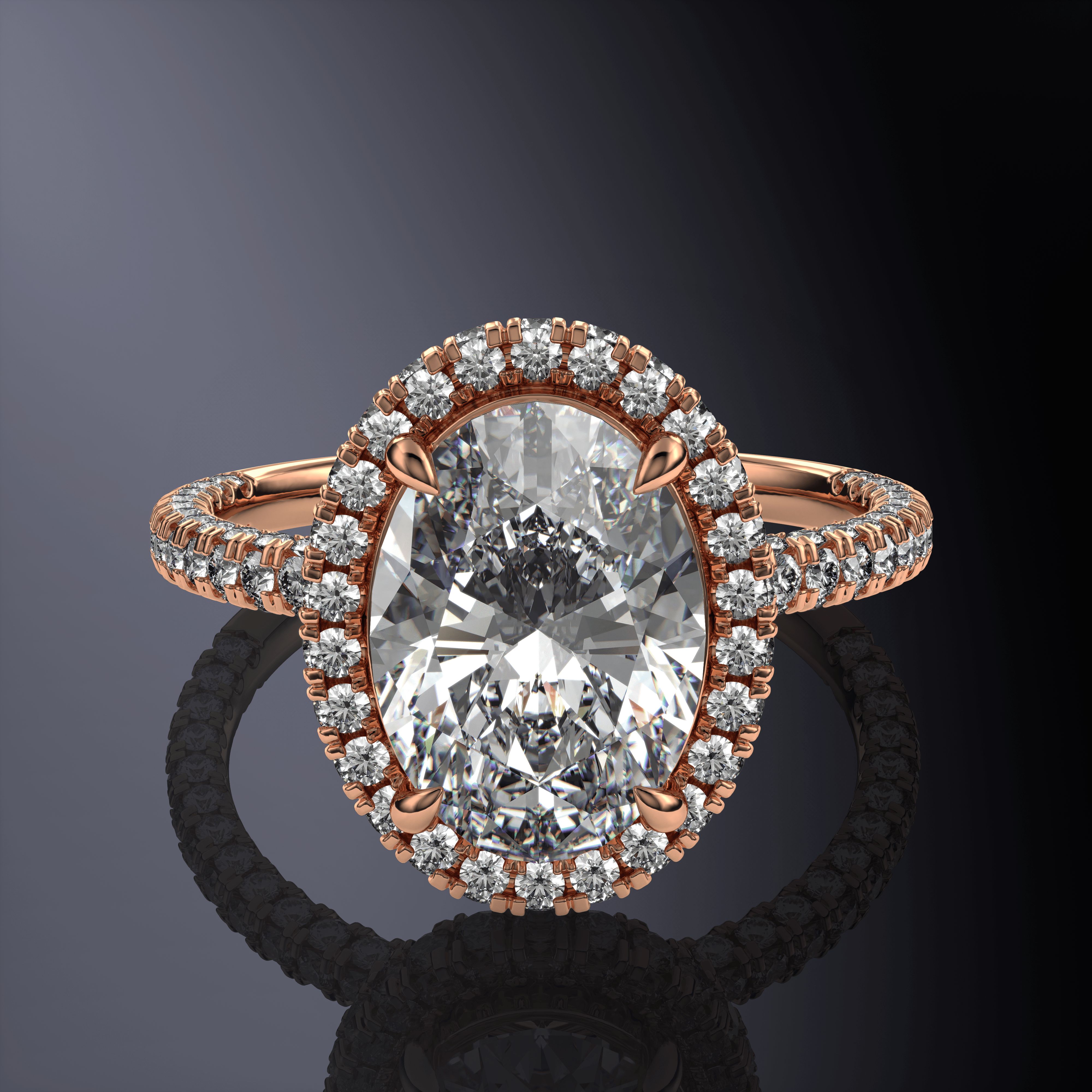 Oval Halo Rose Ring with Hidden Halo and Three-Sided Pavé Band