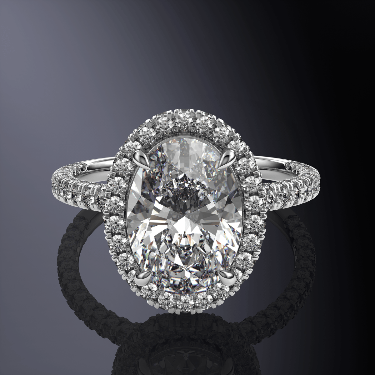 Oval Halo White Ring with Hidden Halo and Three-Sided Pavé Band