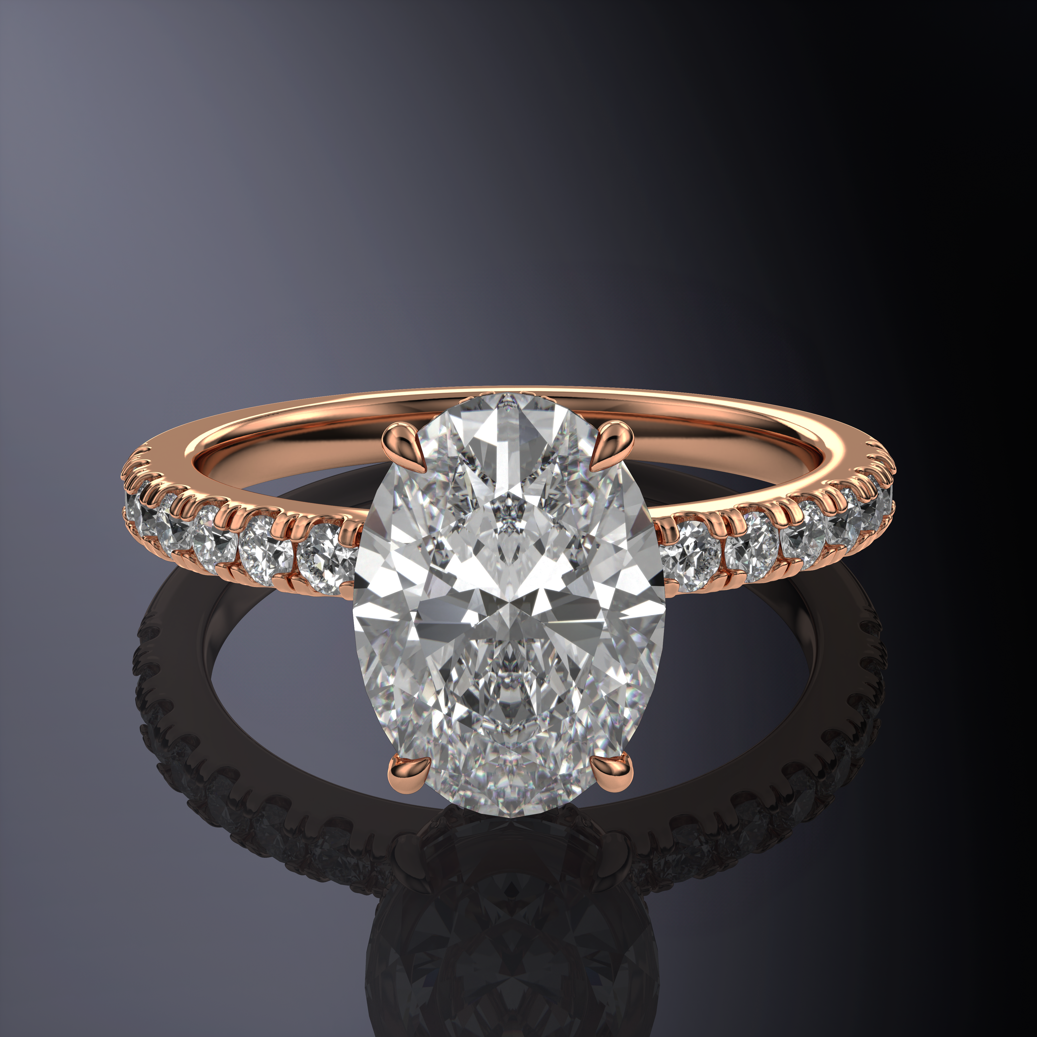 Oval Hidden Halo White Ring with pave on band