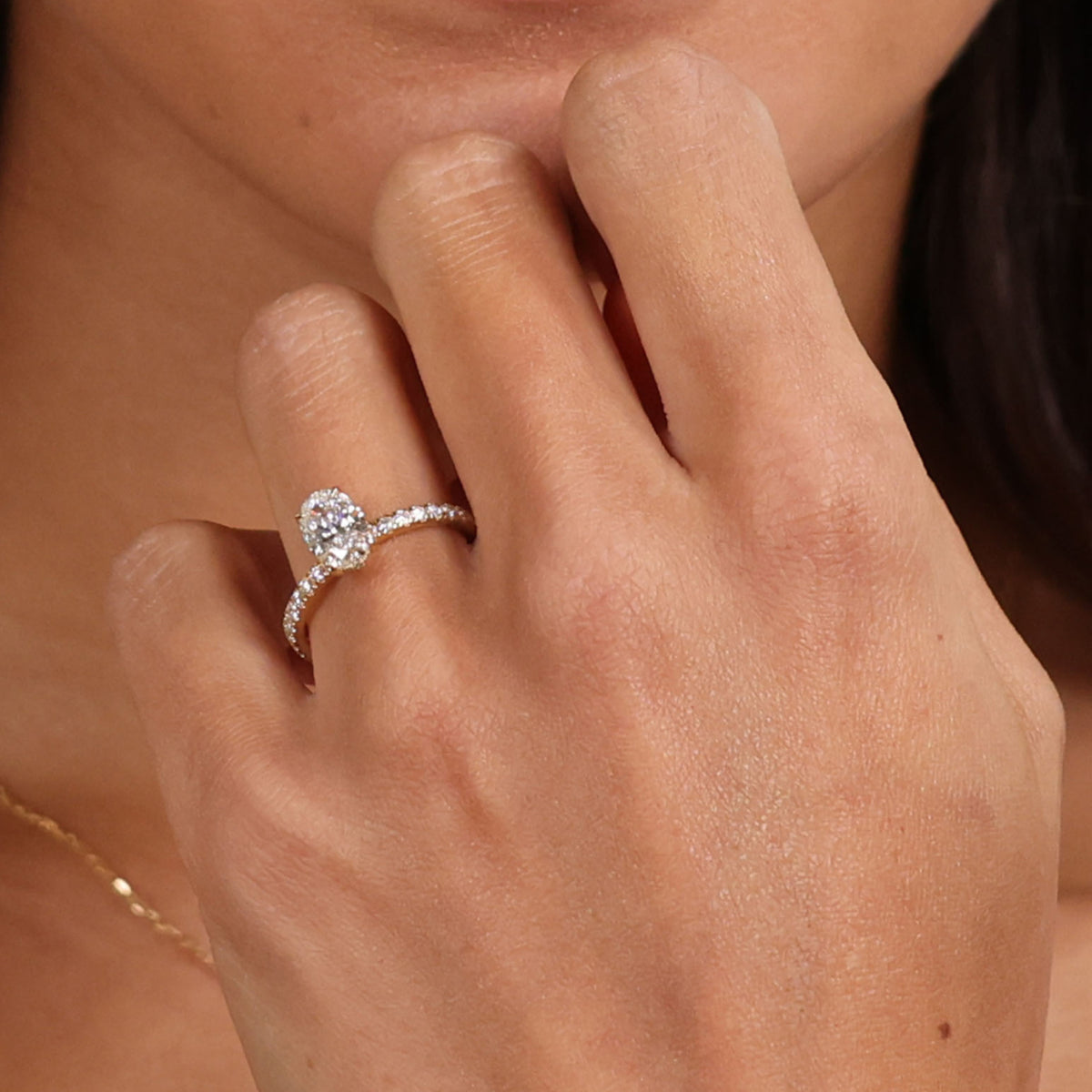 Oval Hidden Halo White Ring with pave on band
