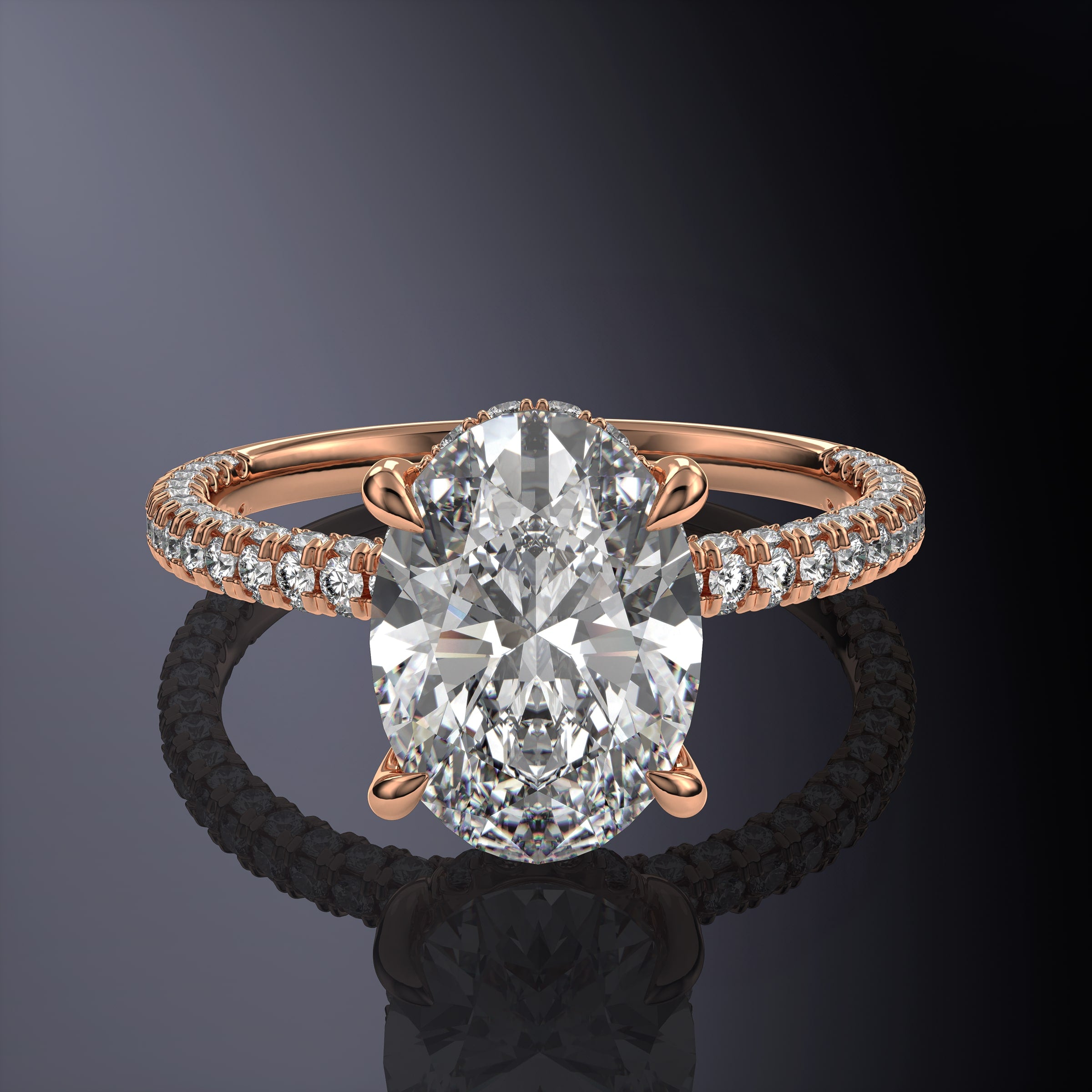 Oval Solitaire Engagement White Ring with Hidden Halo and 3 Row Shank