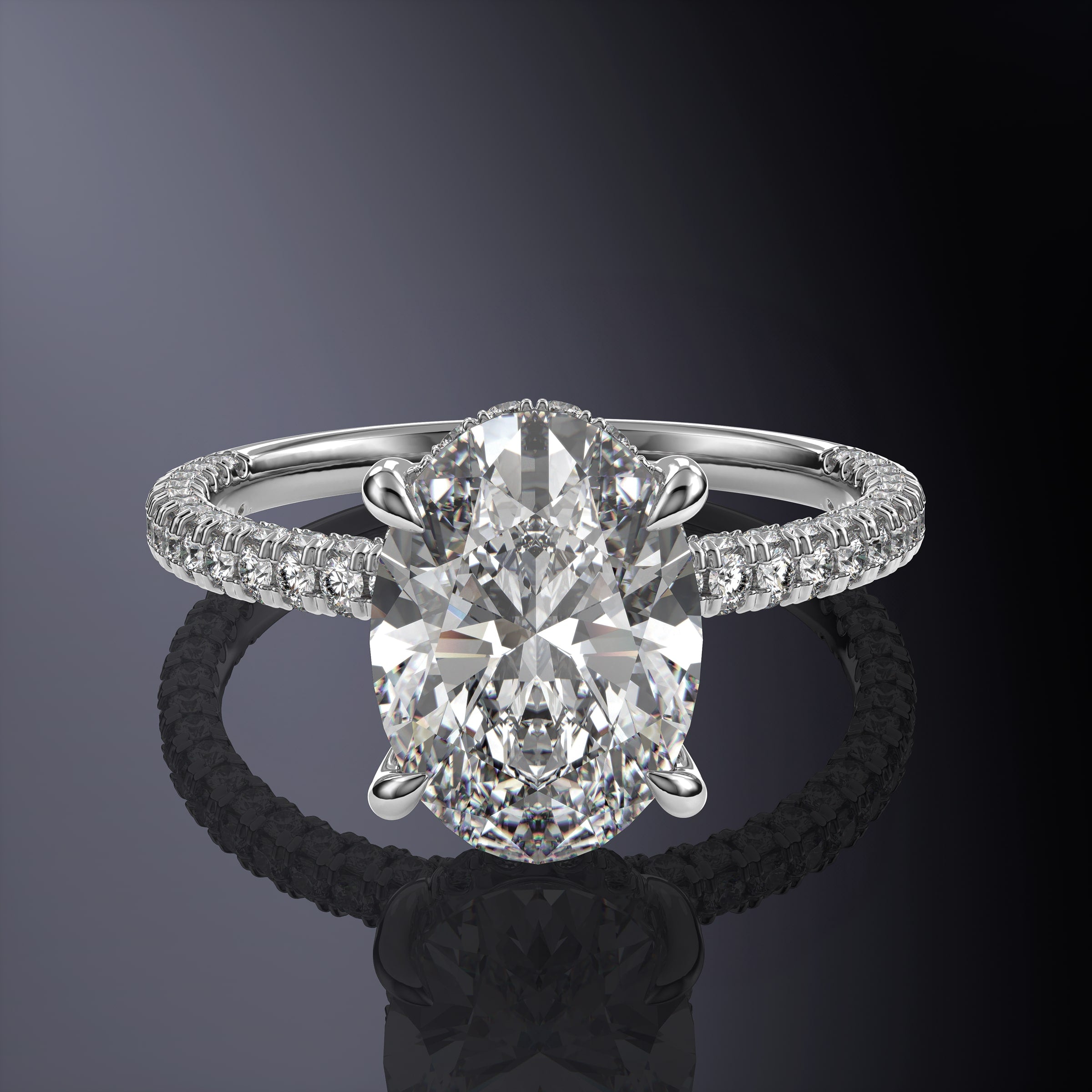 Oval Solitaire Engagement White Ring with Hidden Halo and 3 Row Shank