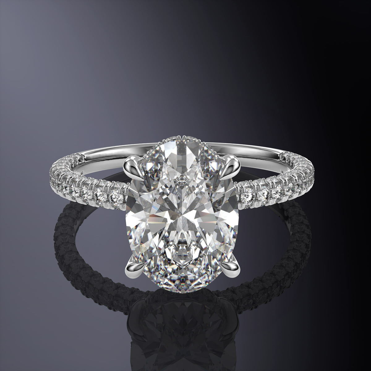 Oval Solitaire Engagement White Ring with Hidden Halo and 3 Row Shank
