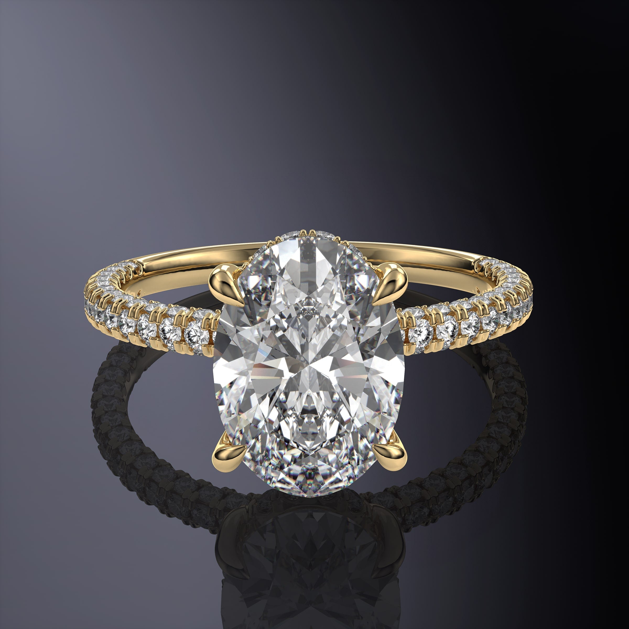 Oval Solitaire Engagement White Ring with Hidden Halo and 3 Row Shank