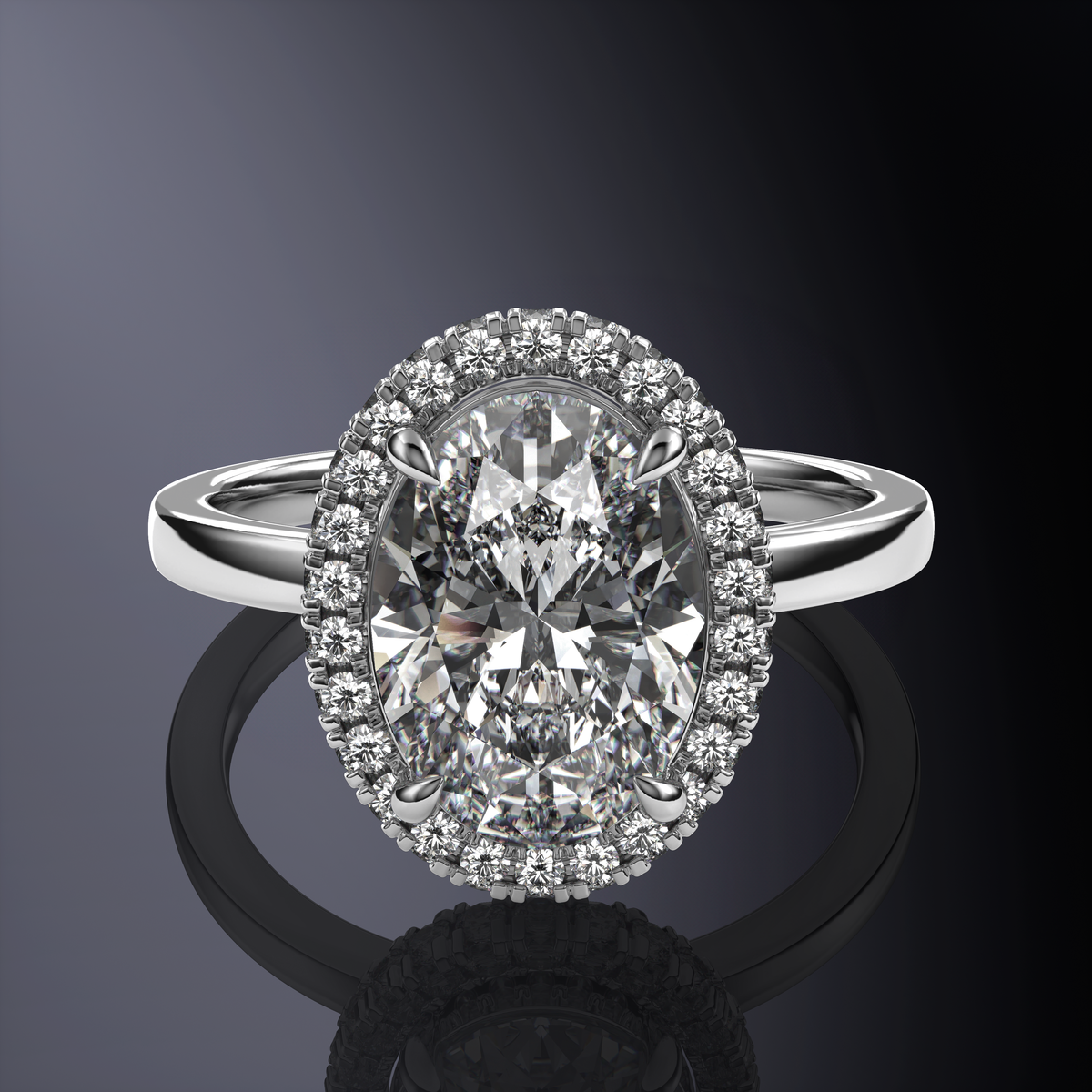 Oval Solitaire Halo White Ring with Hidden Halo