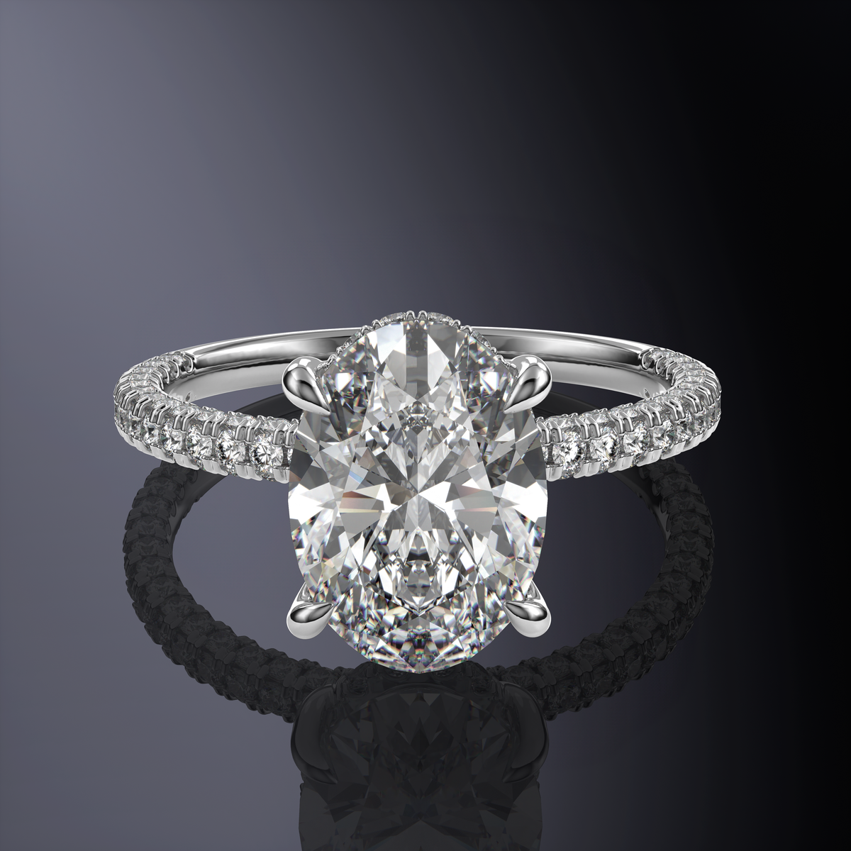 Oval Solitaire White Ring with Hidden Halo and Three-Sided Pavé Band