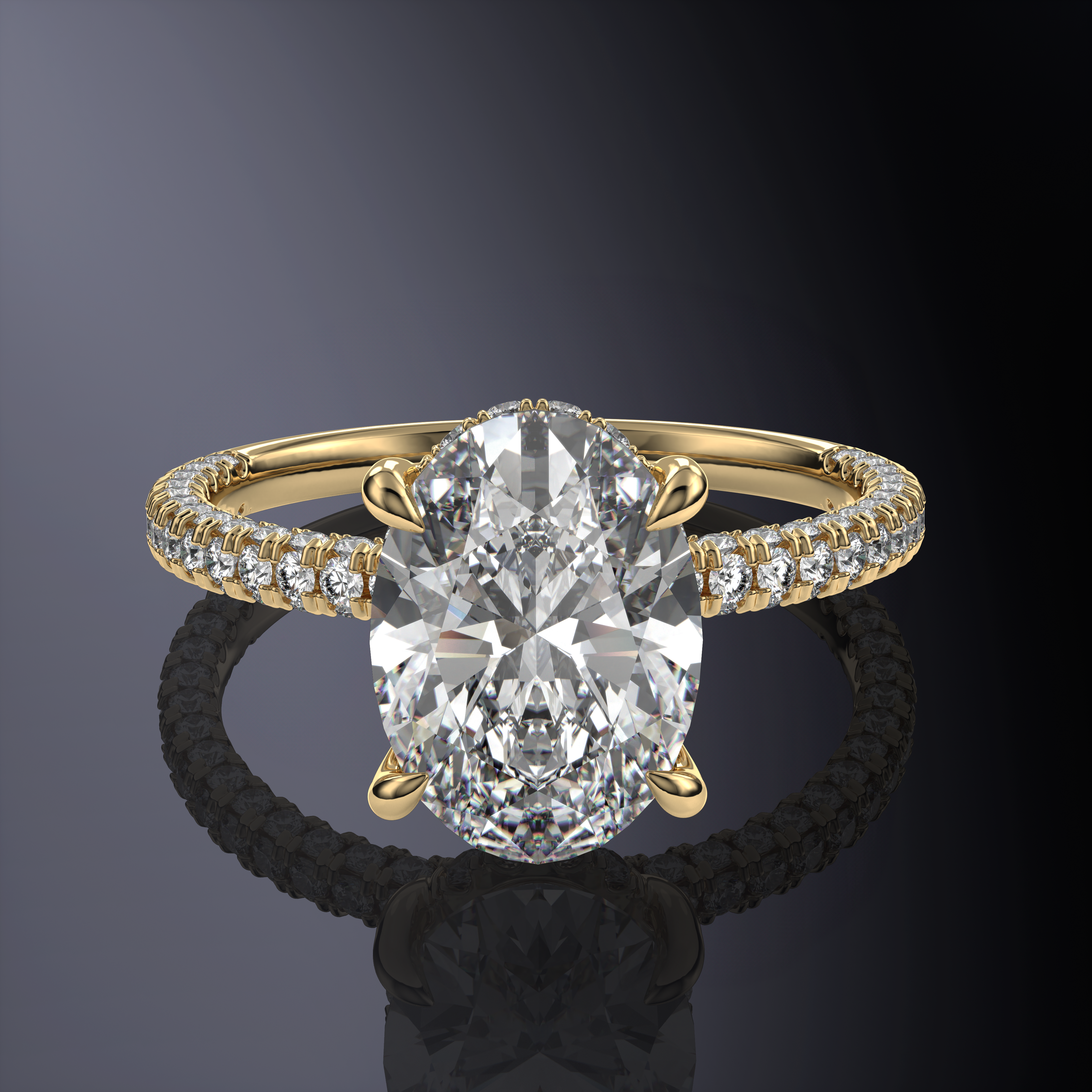 Oval Solitaire Yellow Ring with Hidden Halo and Three-Sided Pavé Band