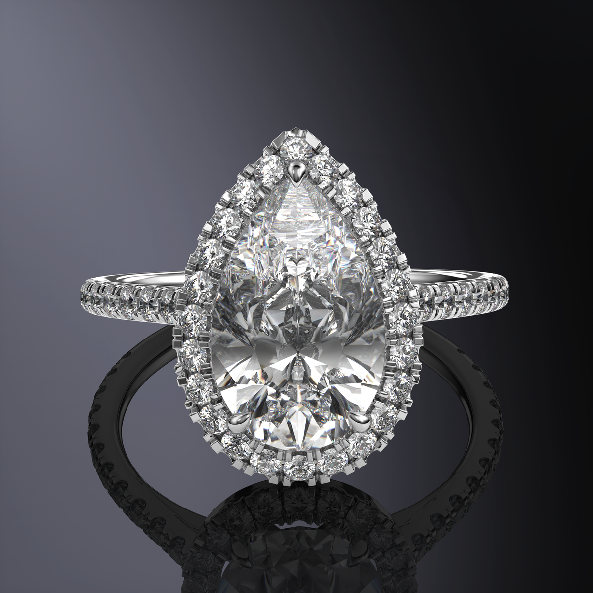 Pear Halo White Ring with Pave