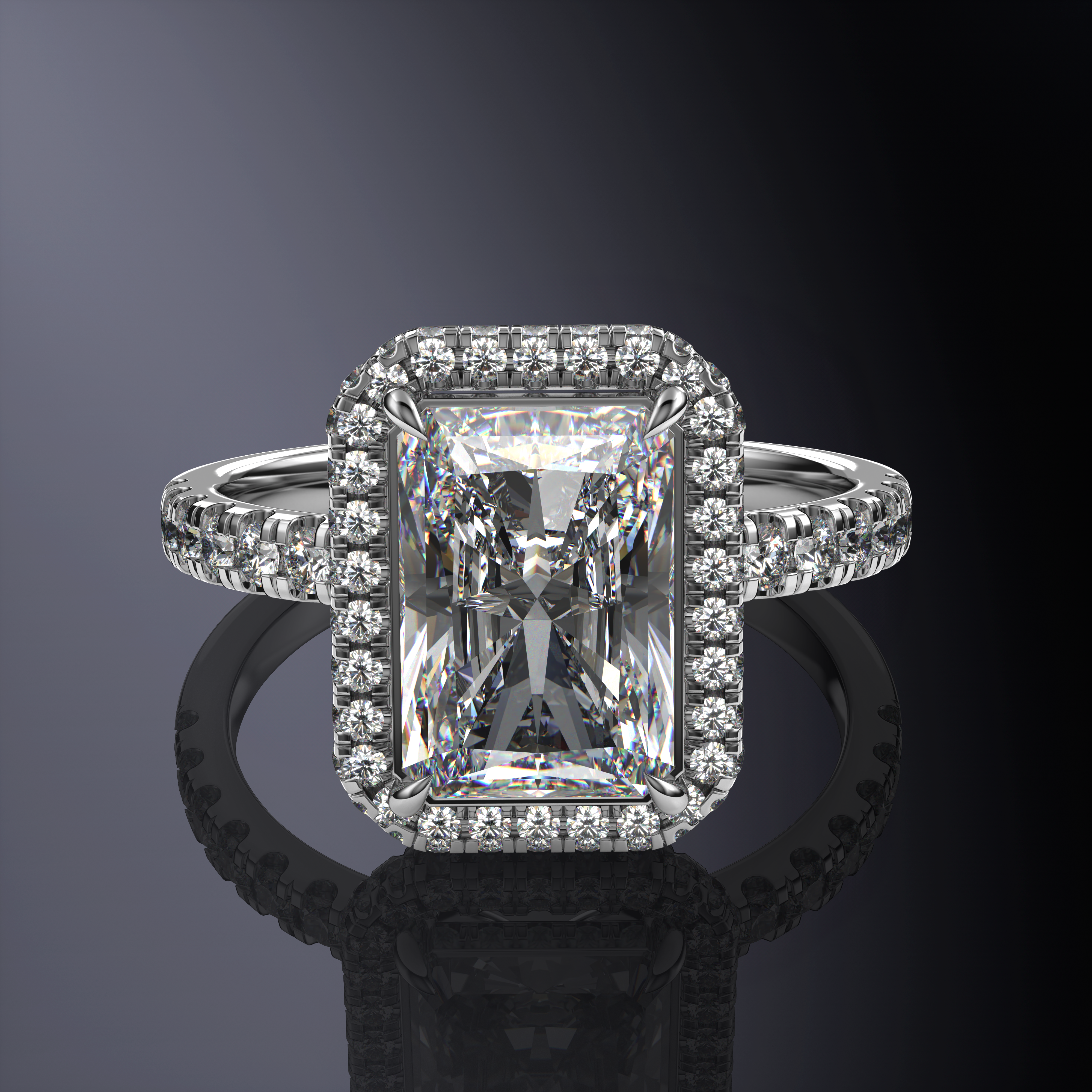 Radiant Halo White Ring with Hidden Halo and Pavé Band