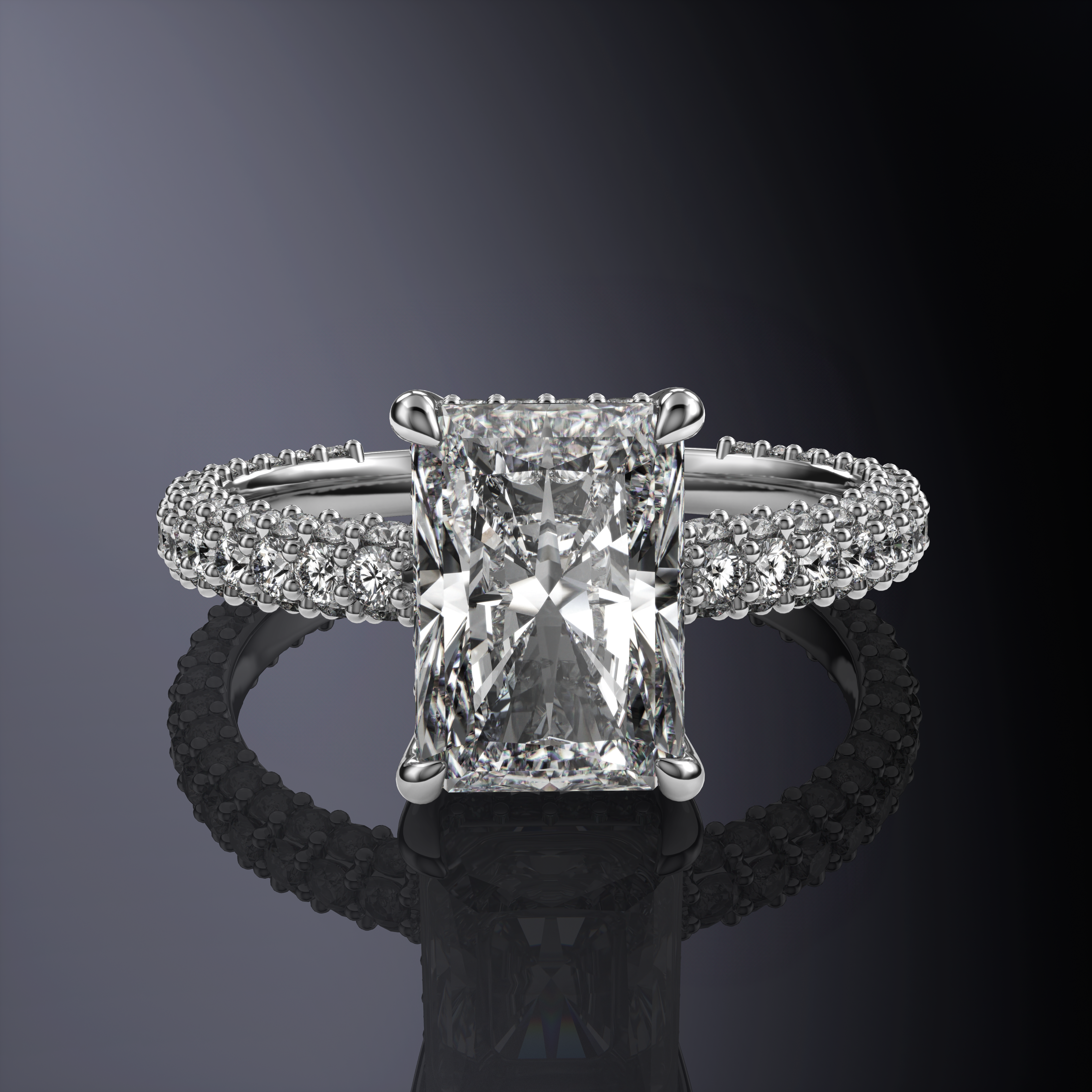 Elongated cushion hidden halo 3 row pave shank white