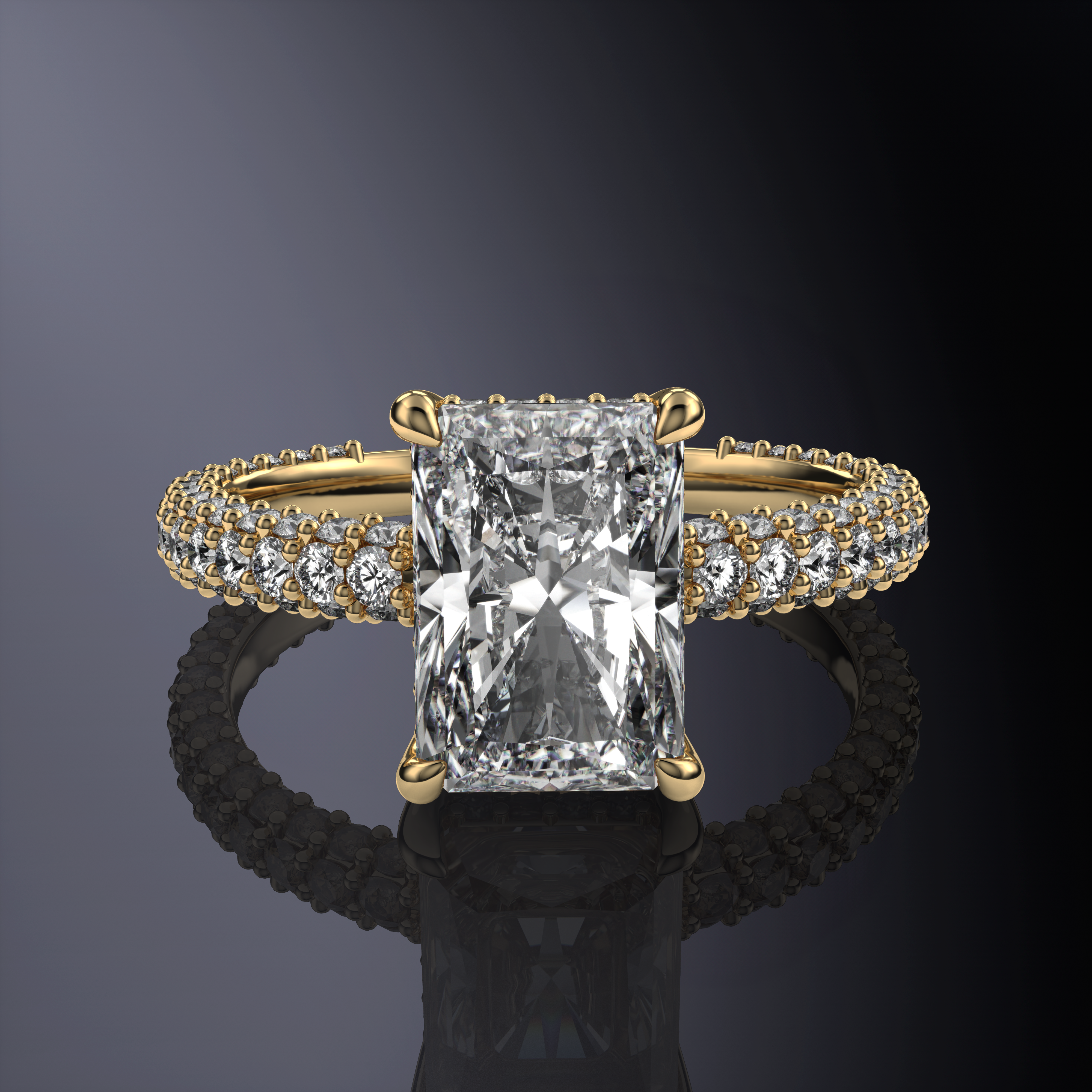 Radiant Solitaire Engagement Ring White with Hidden Halo and 3 row shank