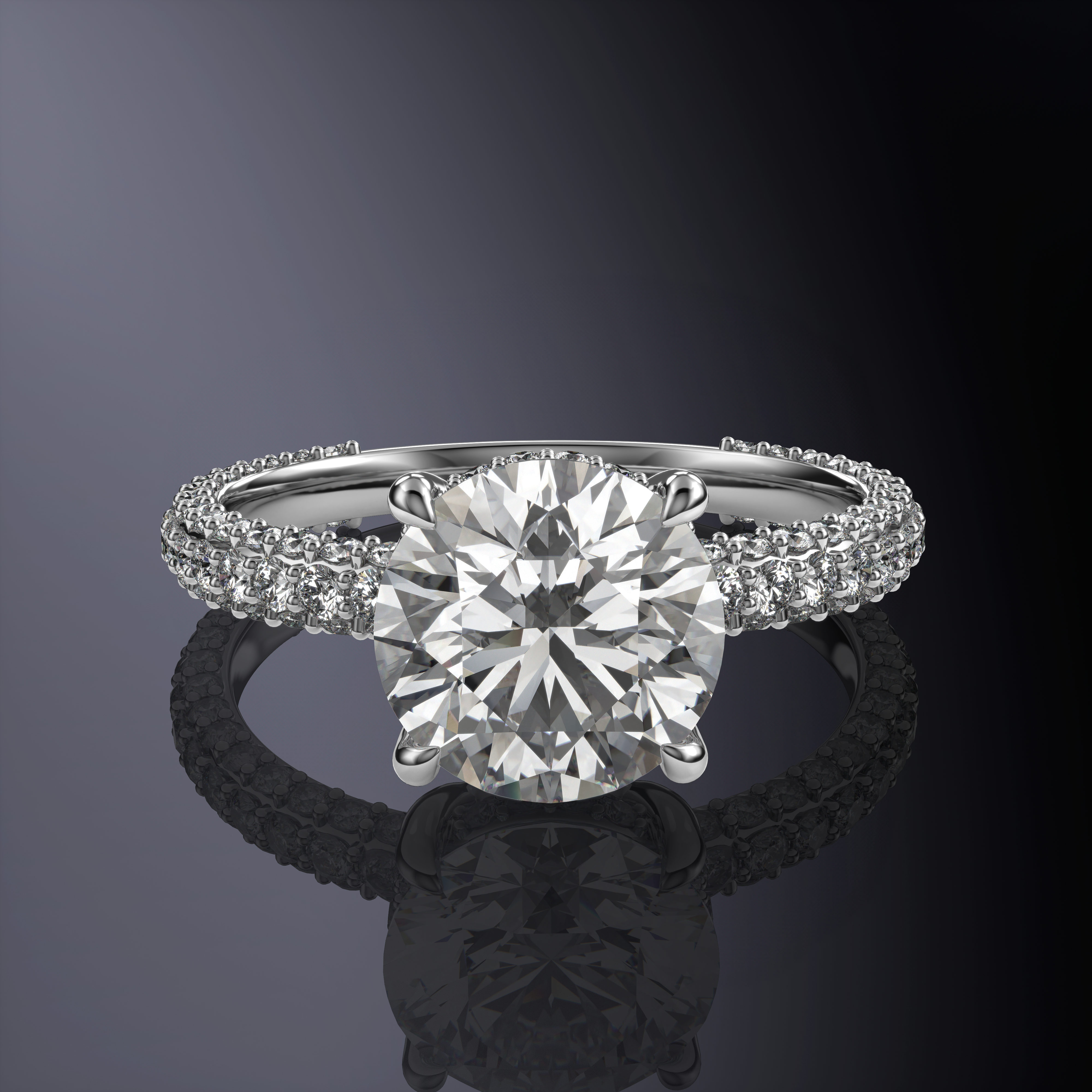 Round Brilliant Solitaire White Engagement Ring with Hidden Halo and 3 Row Shank