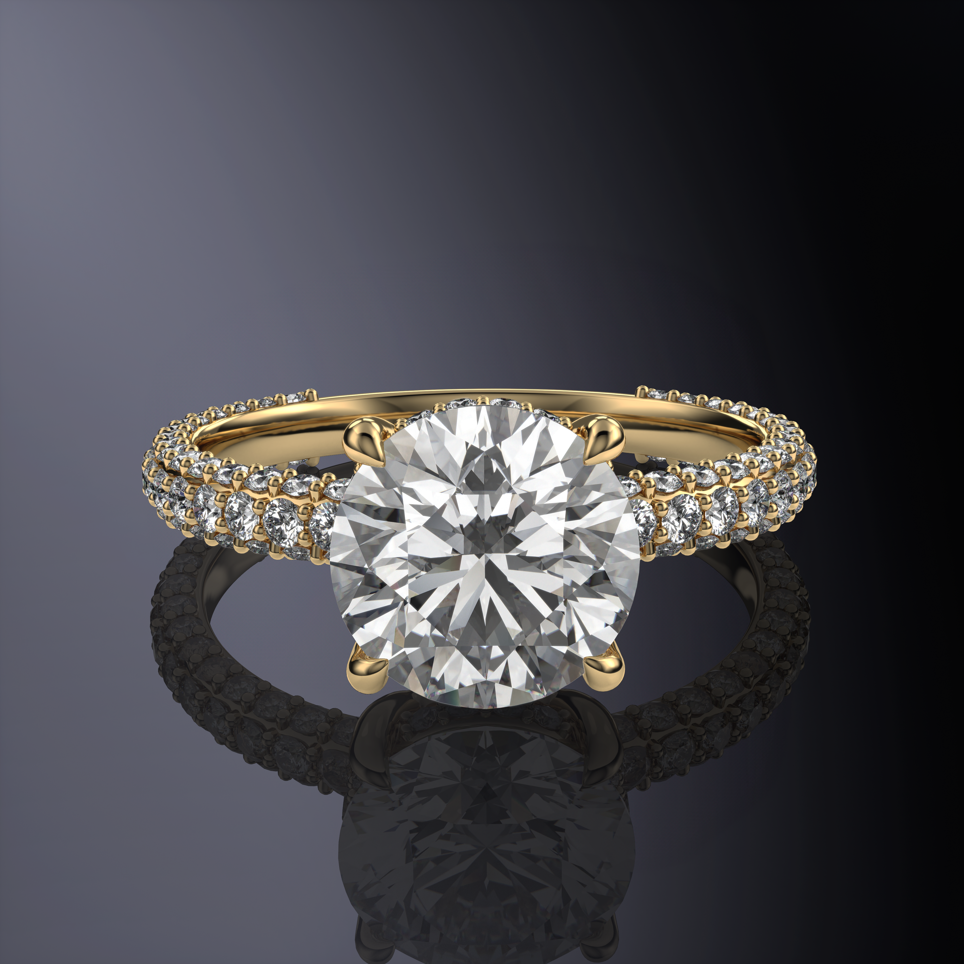 Round Brilliant Solitaire White Engagement Ring with Hidden Halo and 3 Row Shank