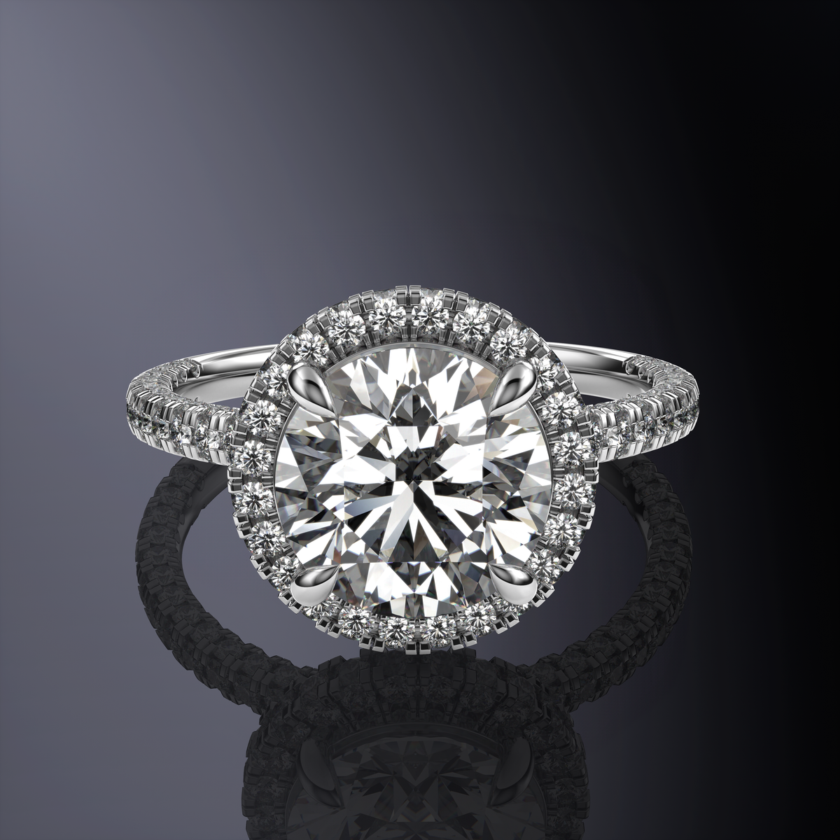 Round Solitaire Halo White Ring with Hidden Halo with Three-Sided Pavé