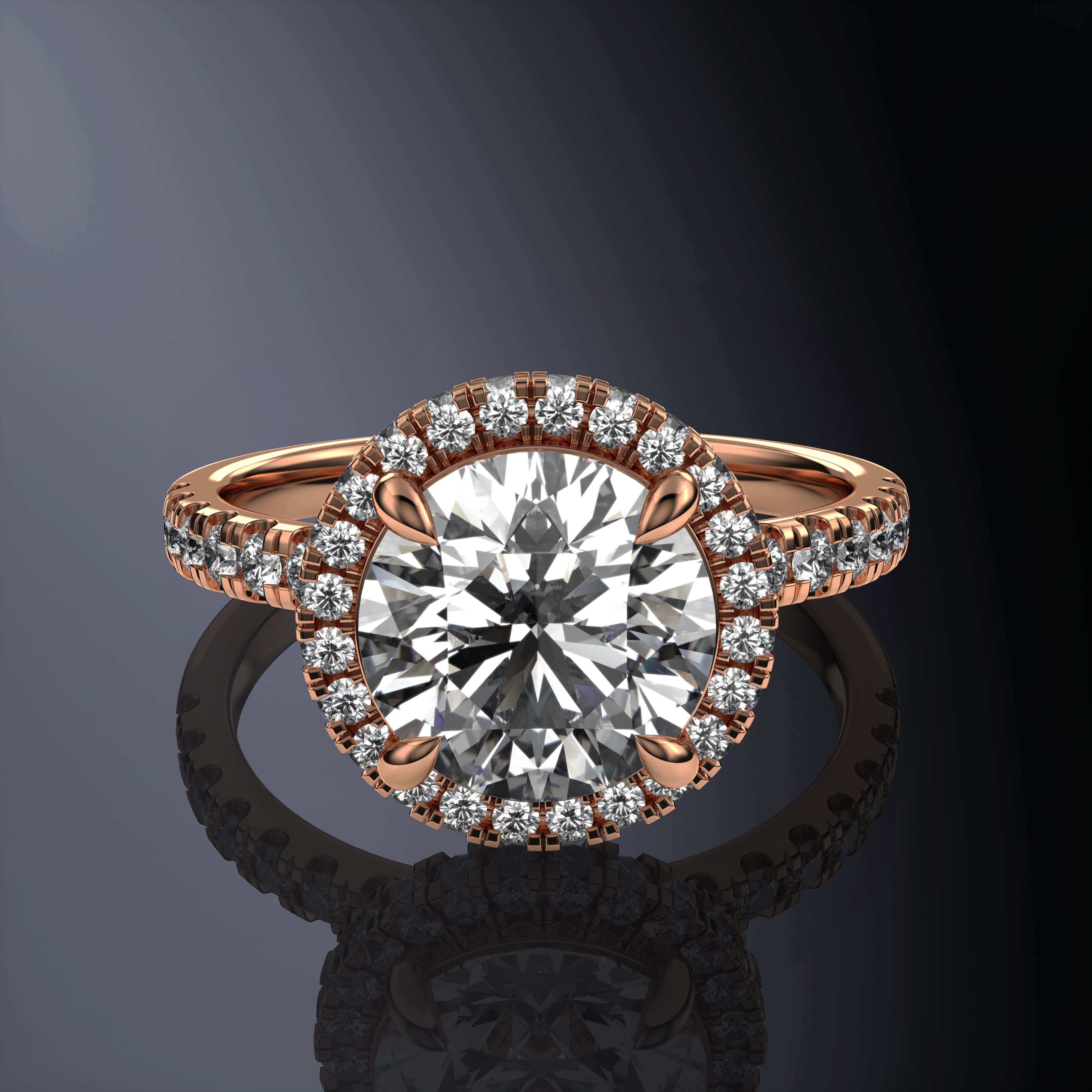 Round Solitaire Halo White Ring with hidden halo with 1 row pave
