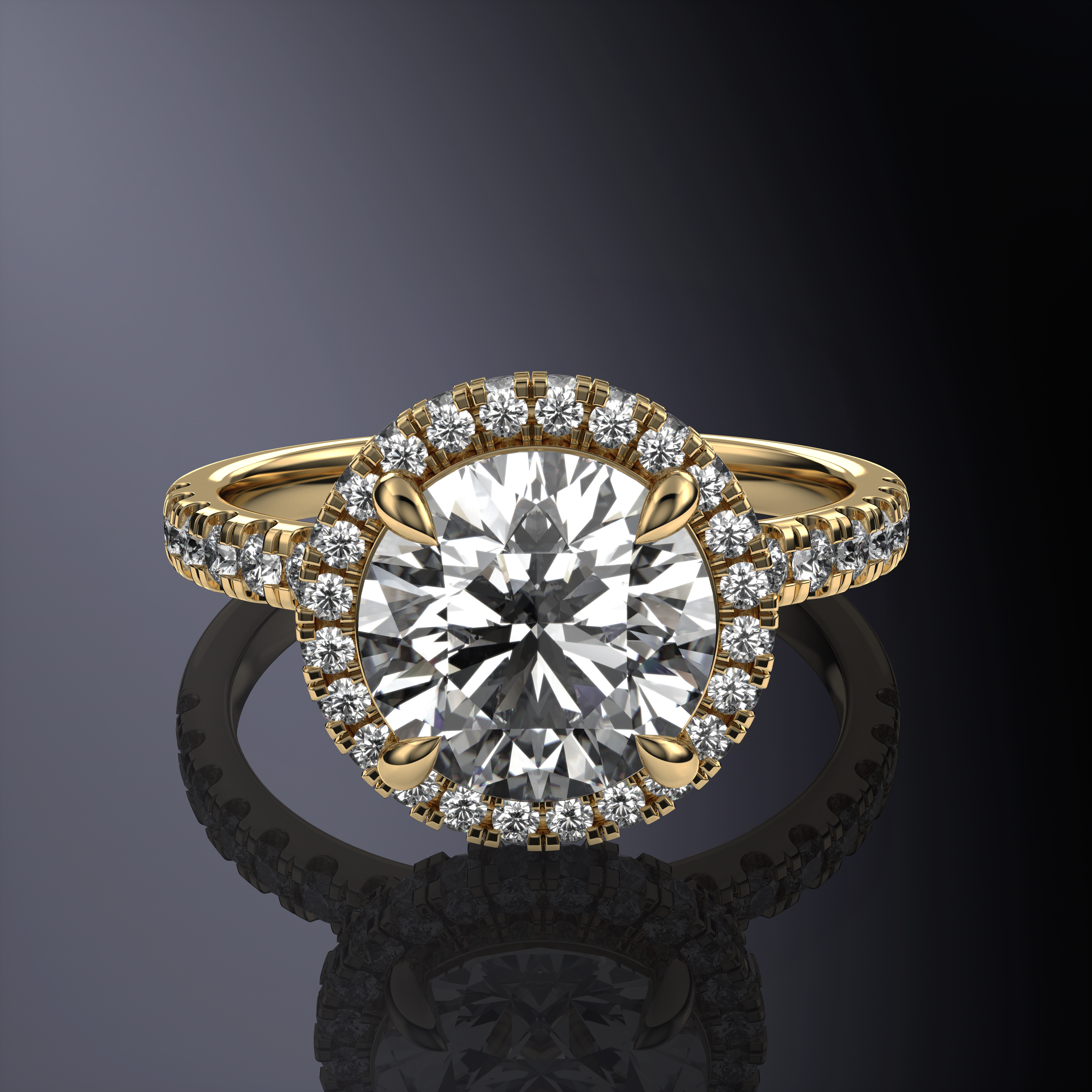 Round Solitaire Halo White Ring with hidden halo with 1 row pave