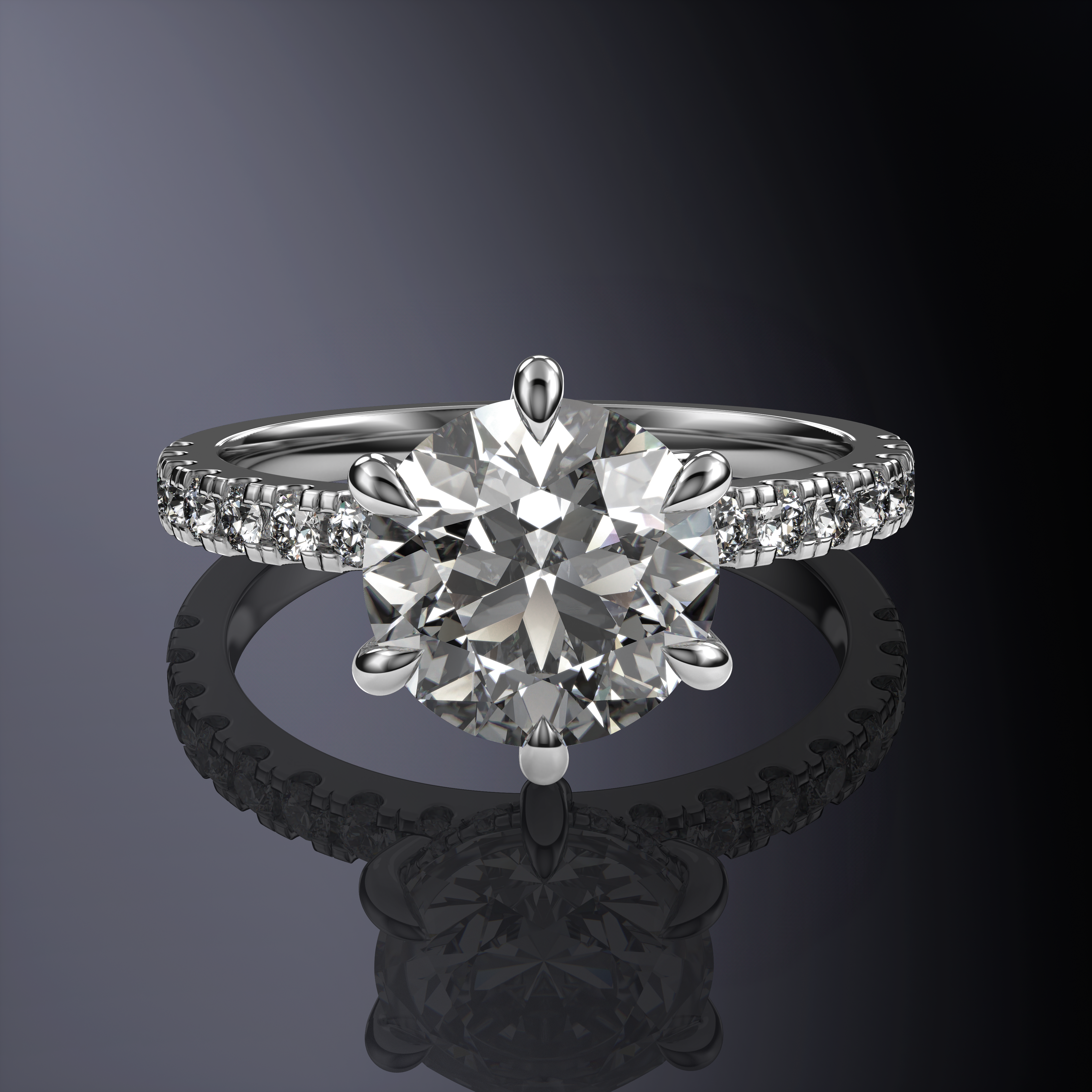Round Solitaire White Ring with hidden halo and single row pave band