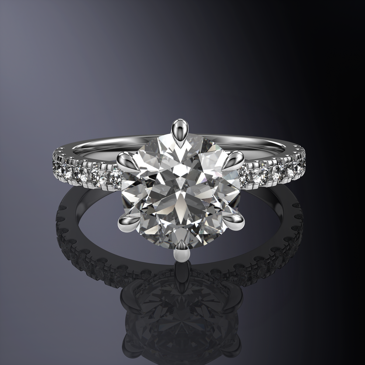 Round Solitaire White Ring with hidden halo and single row pave band