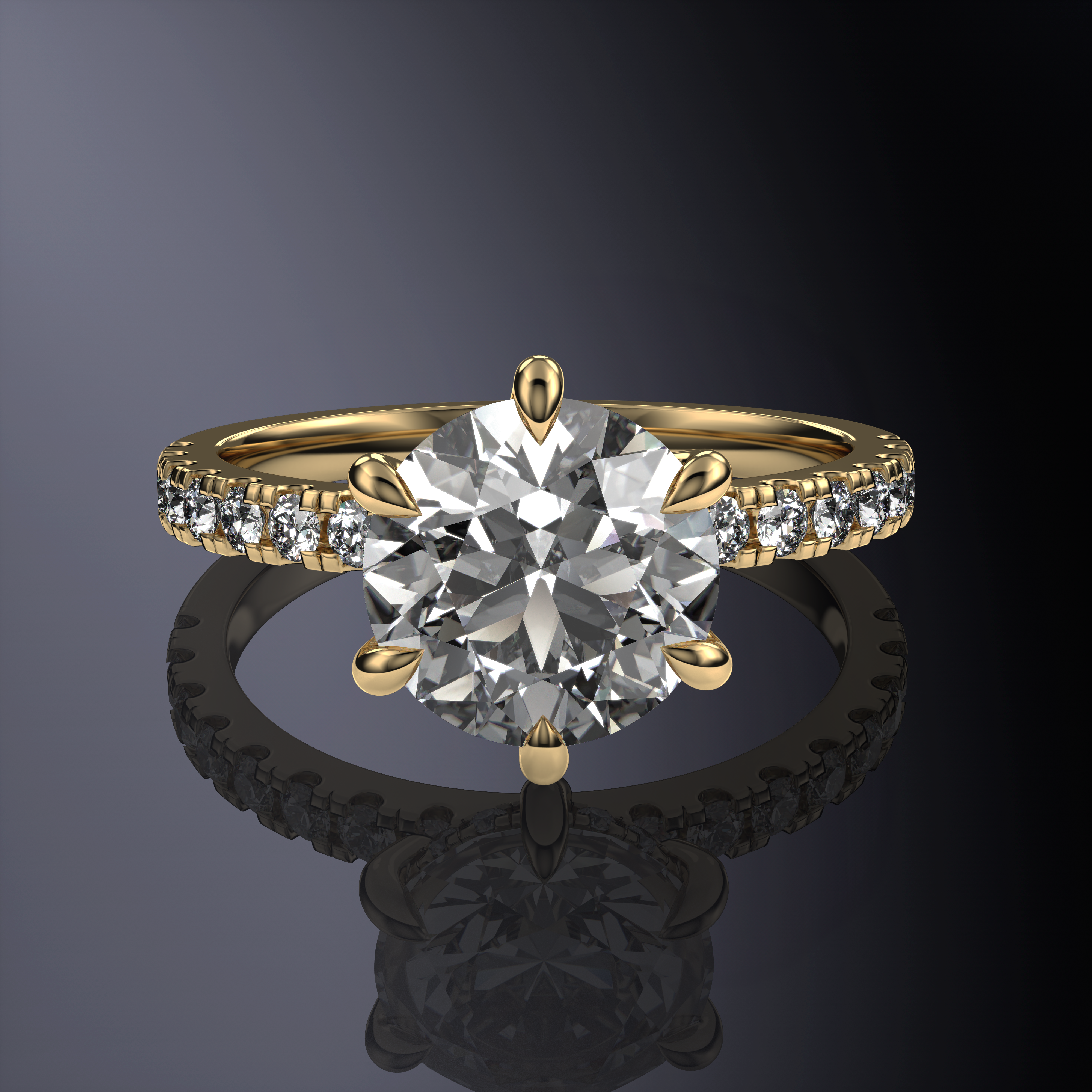 Round Solitaire White Ring with hidden halo and single row pave band
