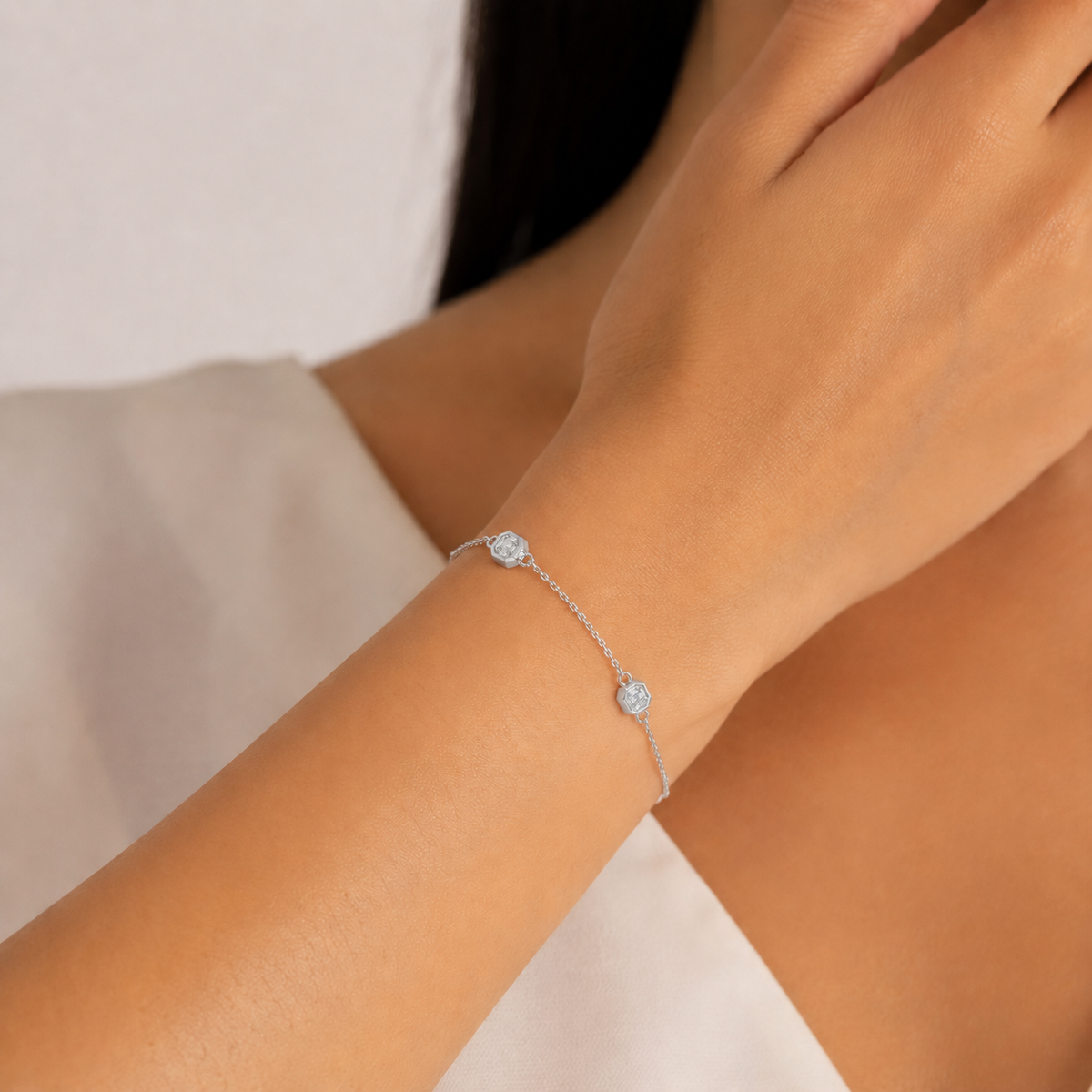 Asscher cut lab grown diamond bracelet in 18k white gold
