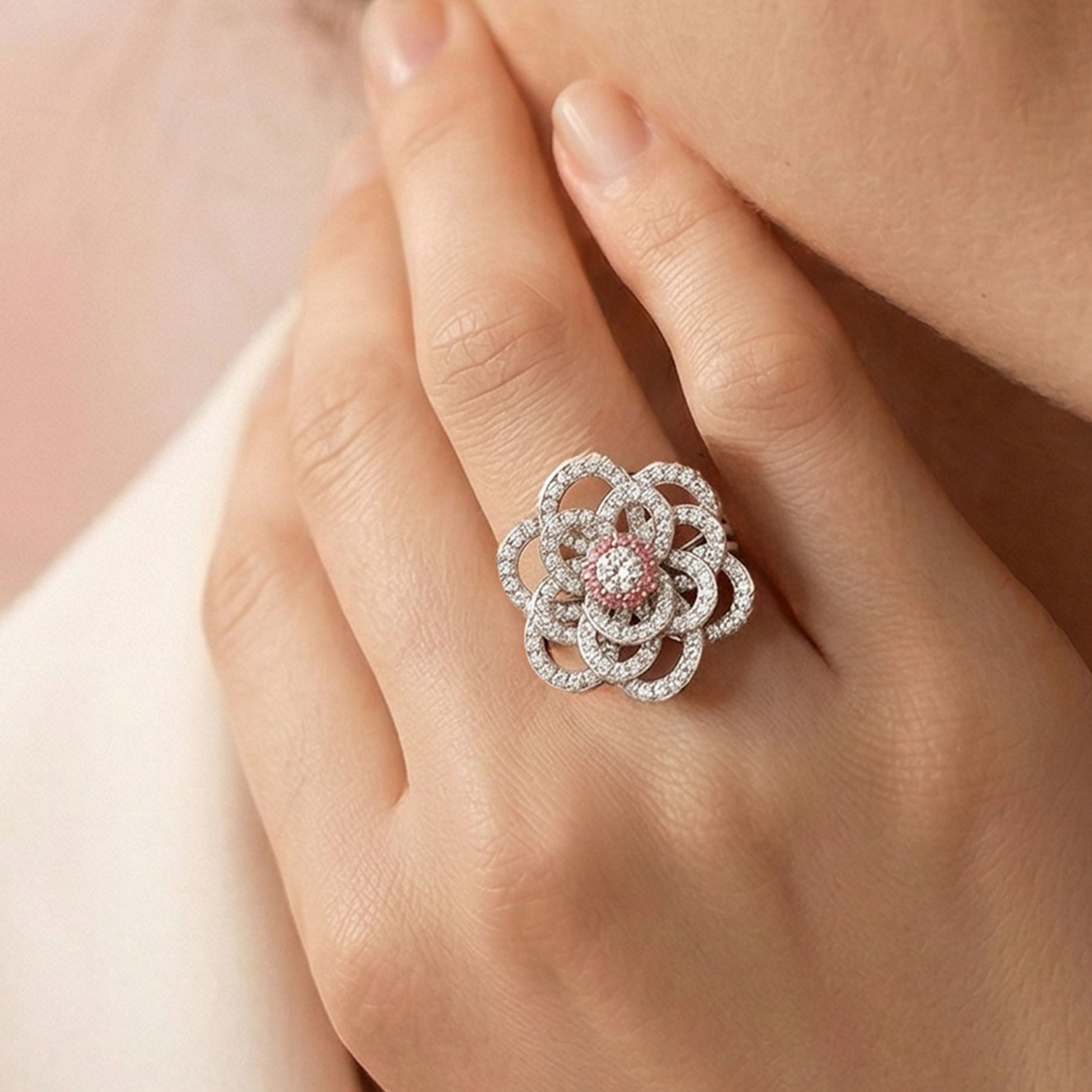Pink and White Flower Diamond Ring